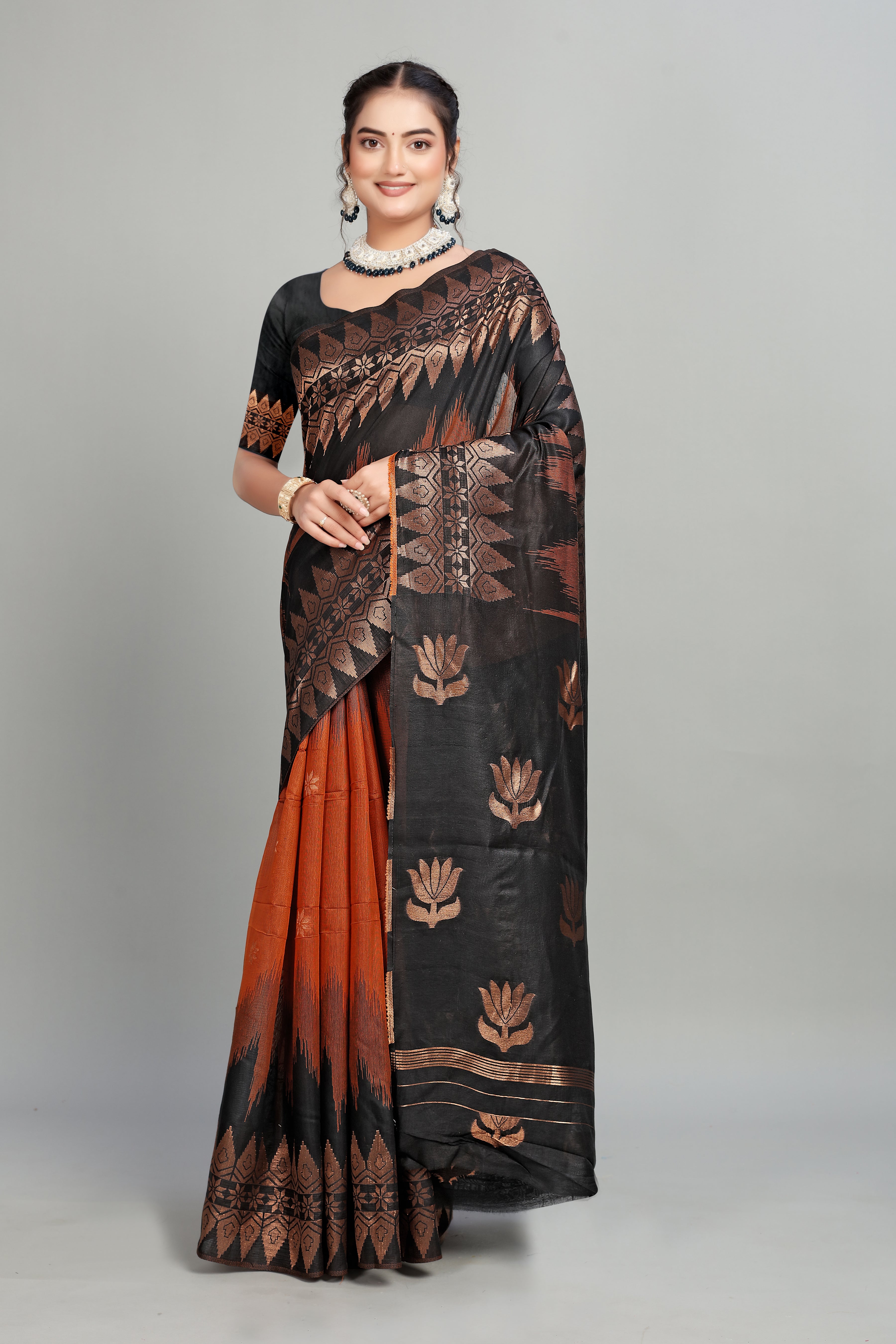 Orange-Black Foil Printed Cotton Silk Saree