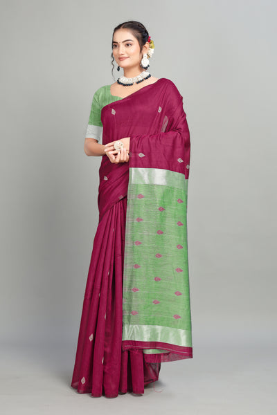 Wine Cotton Silk Two Toned Printed Saree