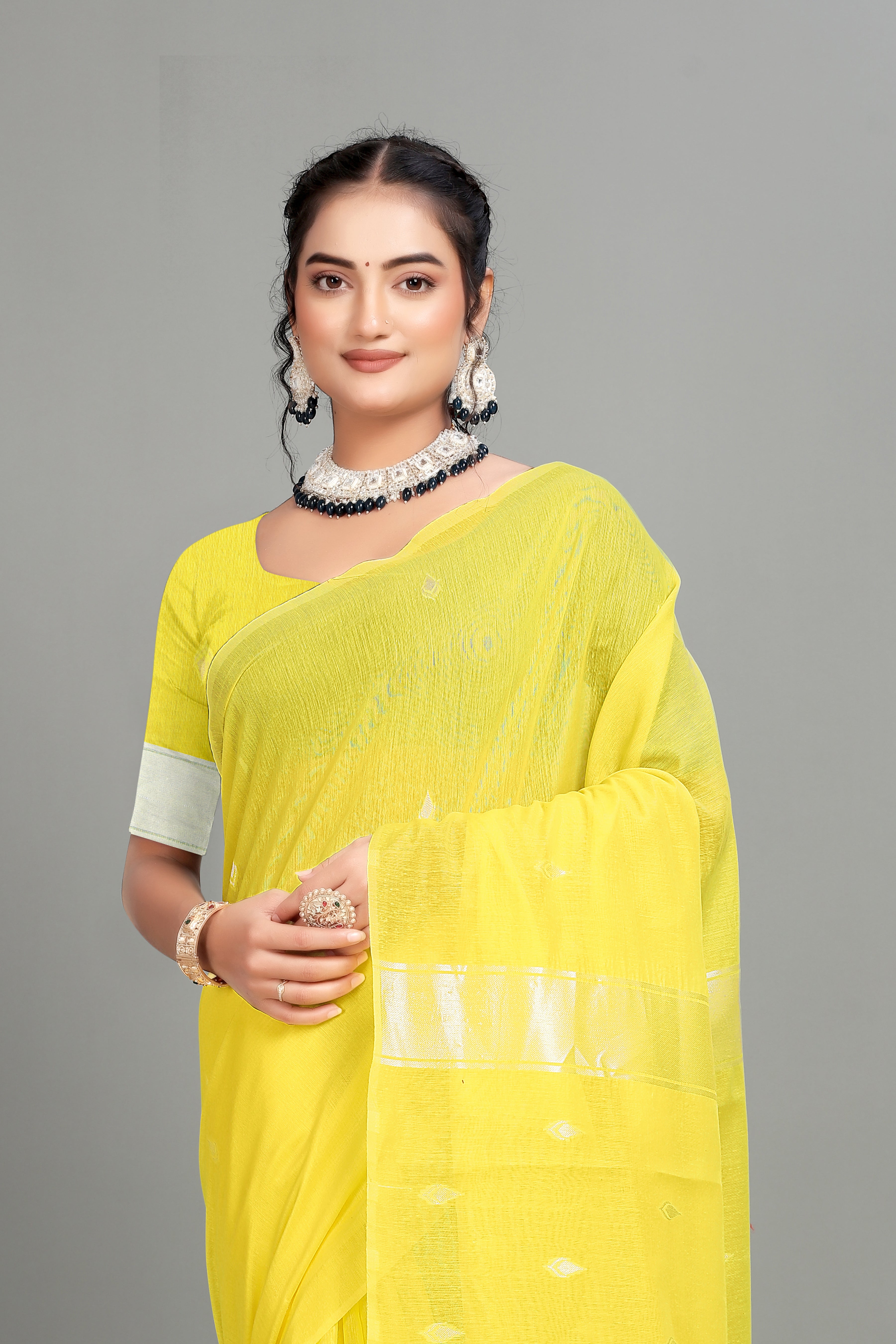 Yellow Cotton Silk Two Toned Printed Saree