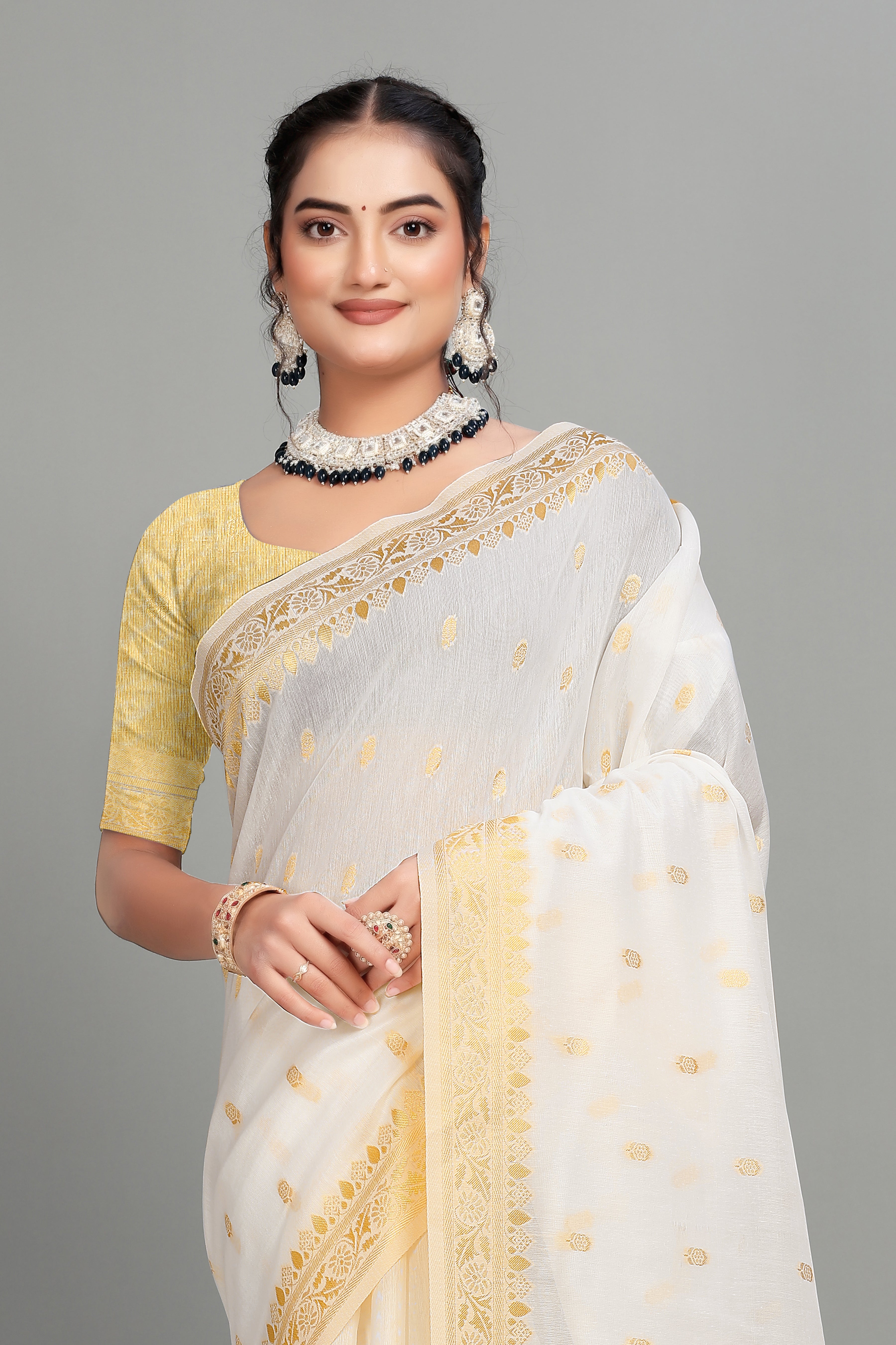 White Soft Lilan Slab Butti Print Casual Wear Saree
