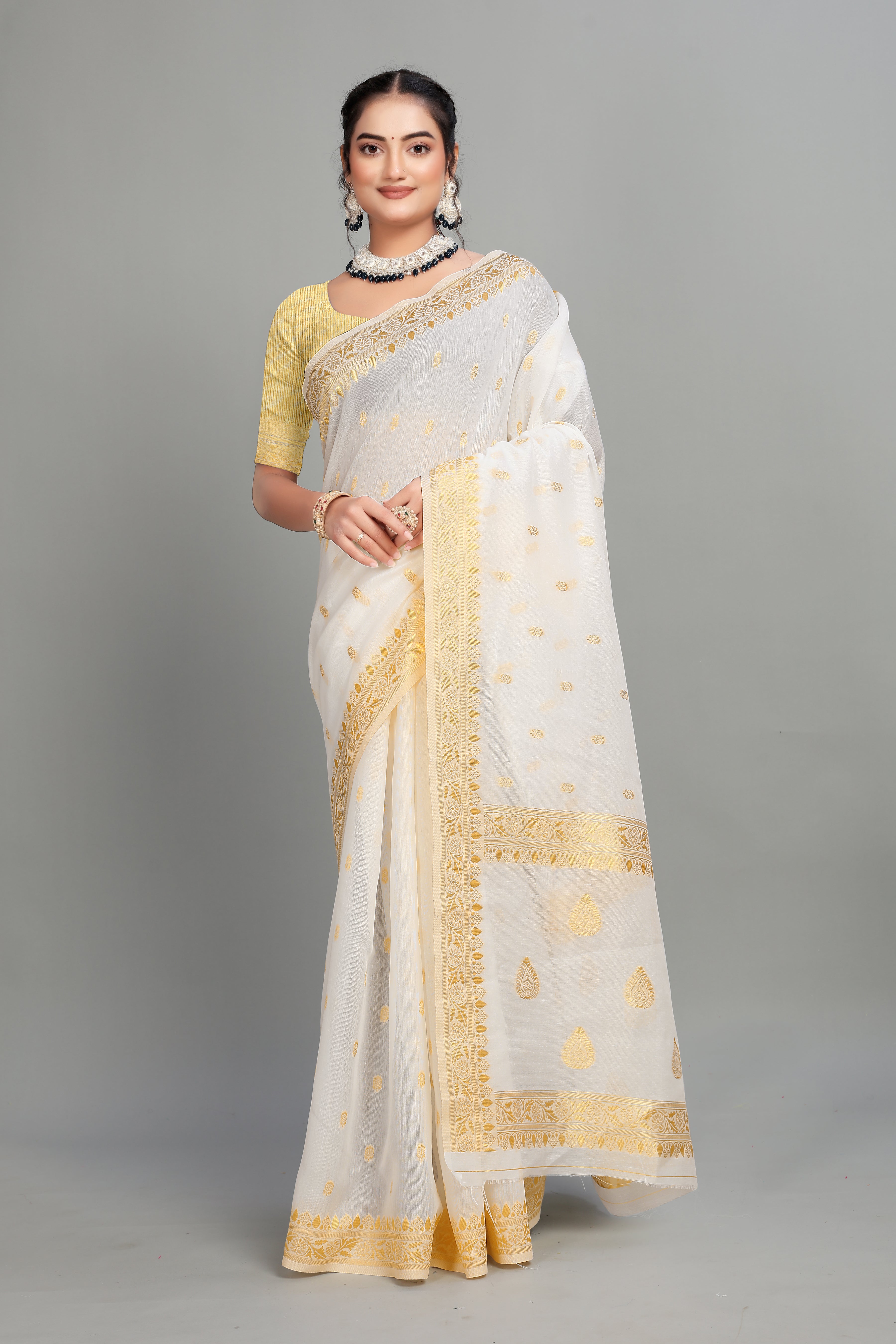 White Soft Lilan Slab Butti Print Casual Wear Saree
