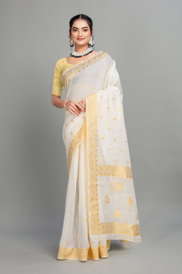 White Soft Lilan Slab Butti Print Casual Wear Saree