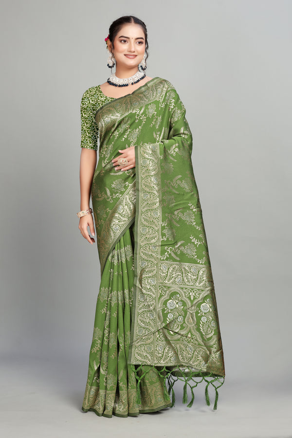 Soft Lichi Silk Fabric With Vine Print And Border Silk Saree