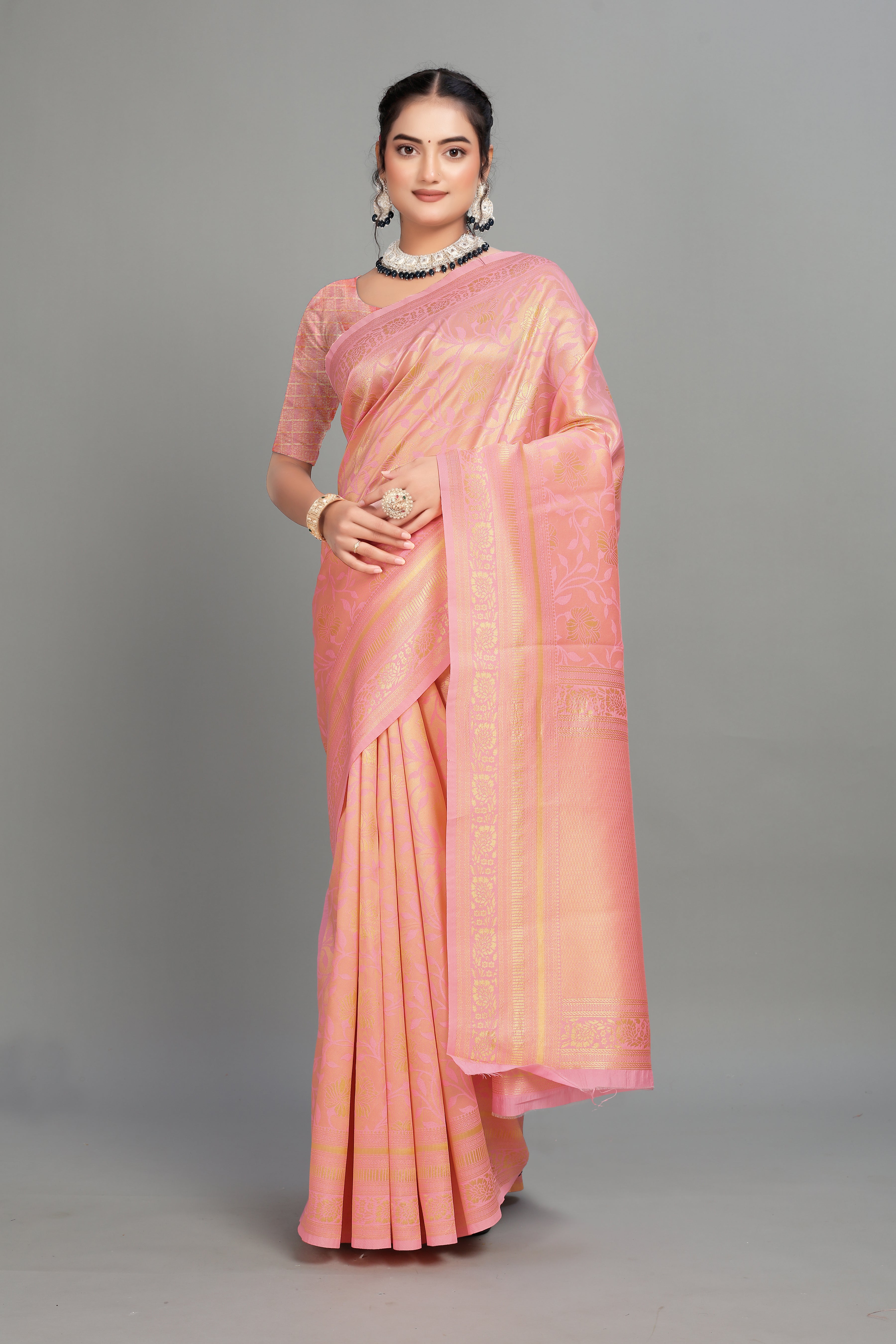 Baby Pink Woven Banarasi Silk Saree