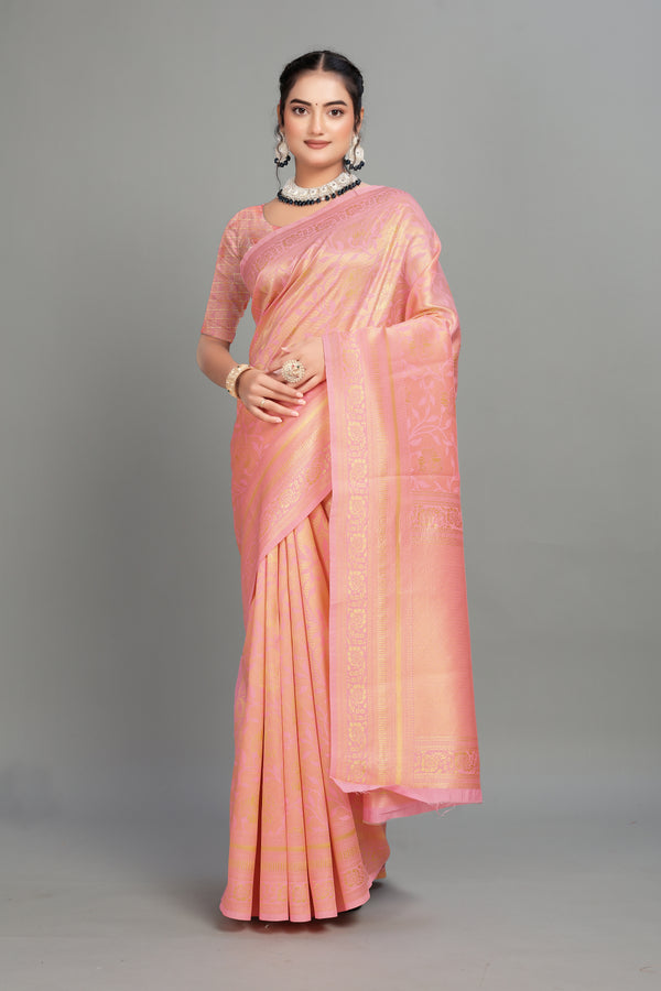 Baby Pink Woven Banarasi Silk Saree