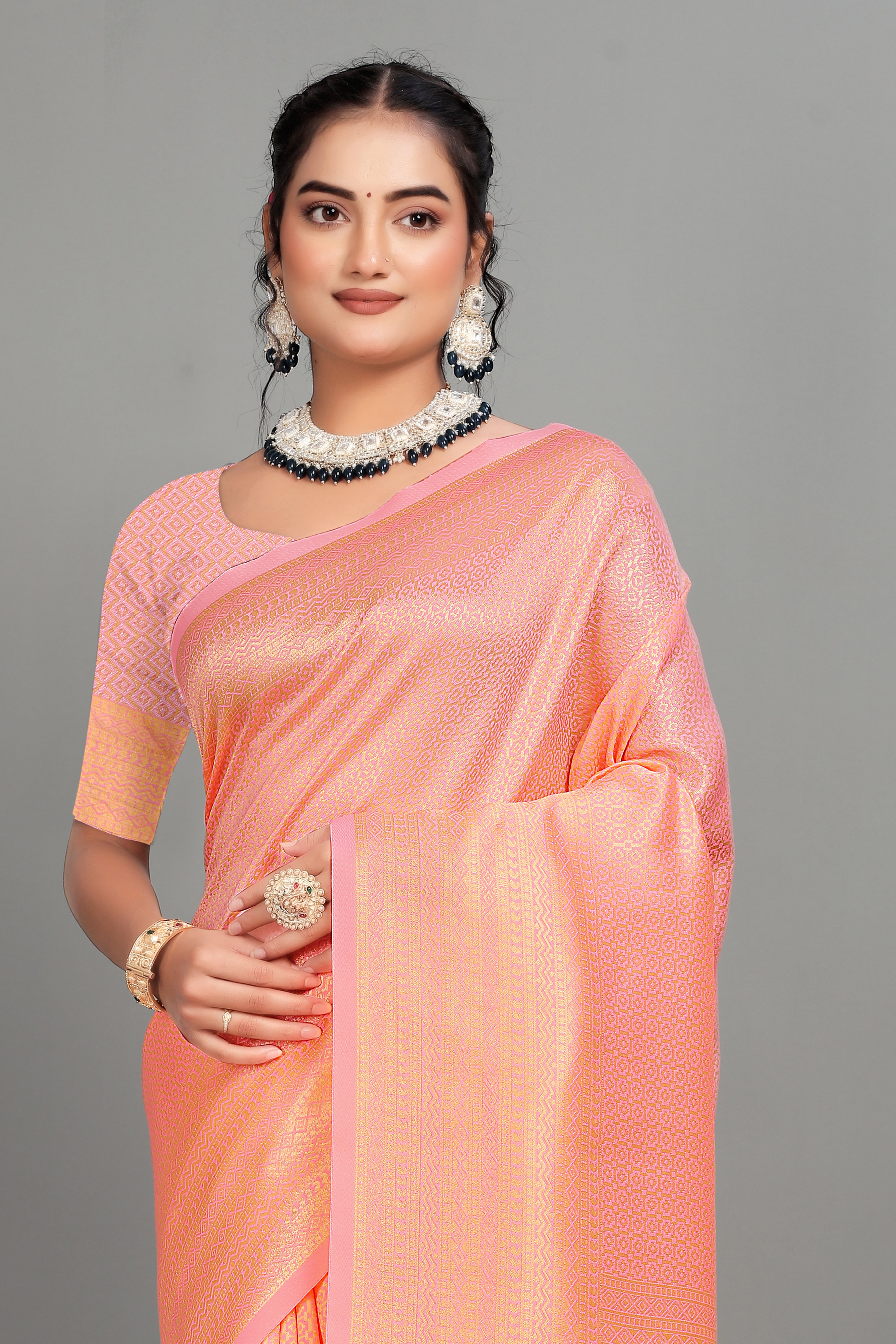 Peach Woven Banarasi Silk Saree