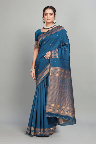 Blue Solid Woven Silk Saree