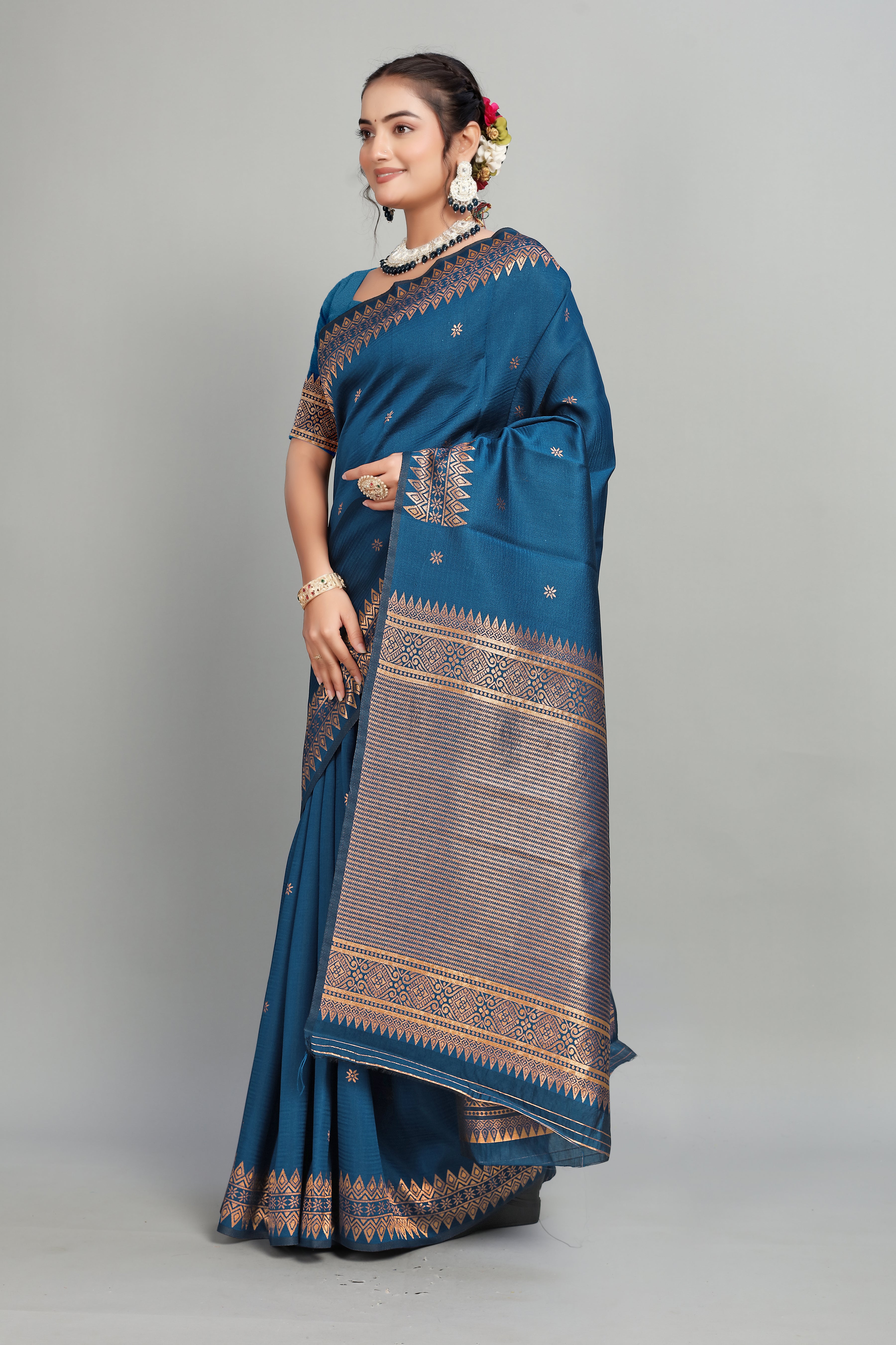 Blue Solid Woven Silk Saree