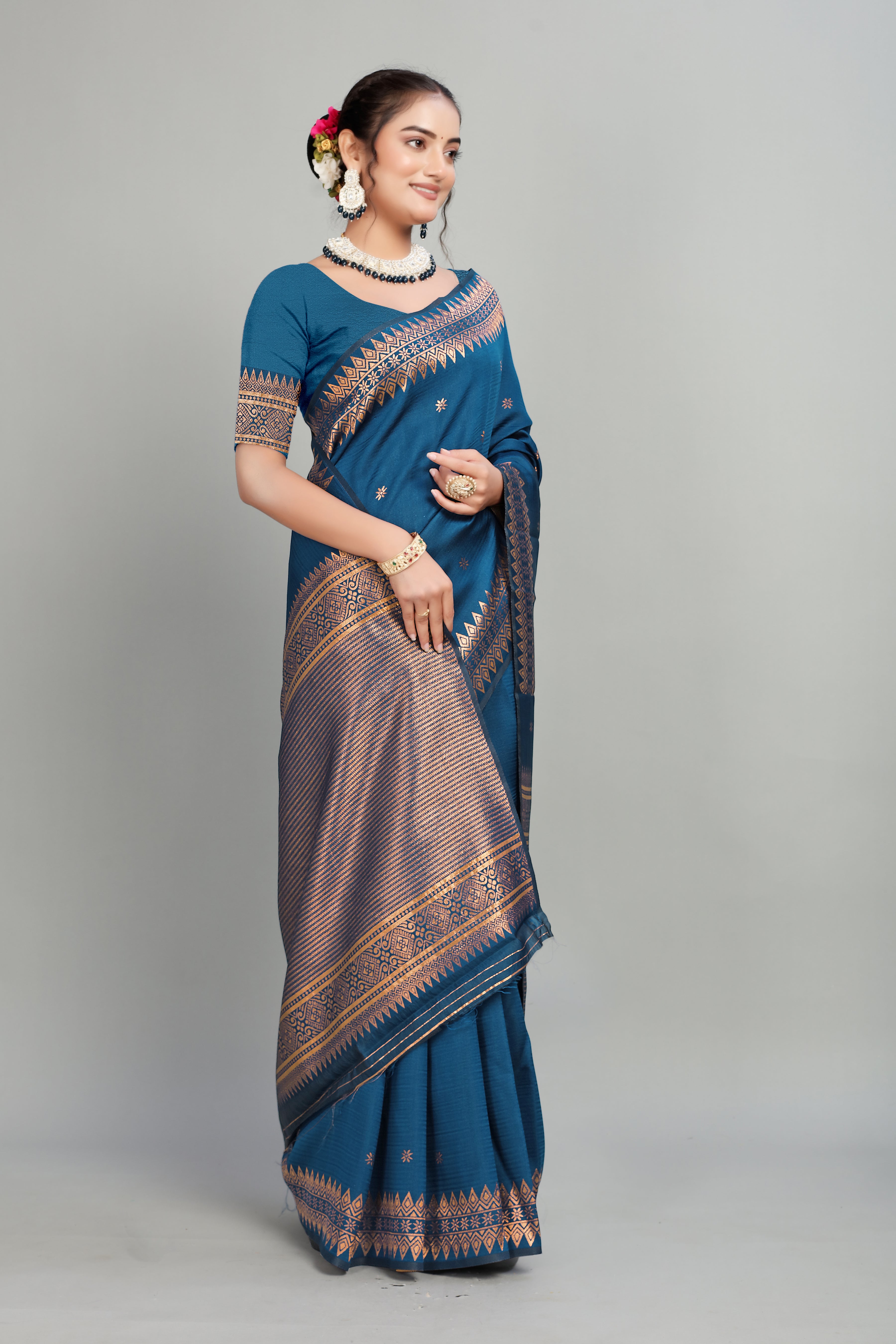 Blue Solid Woven Silk Saree