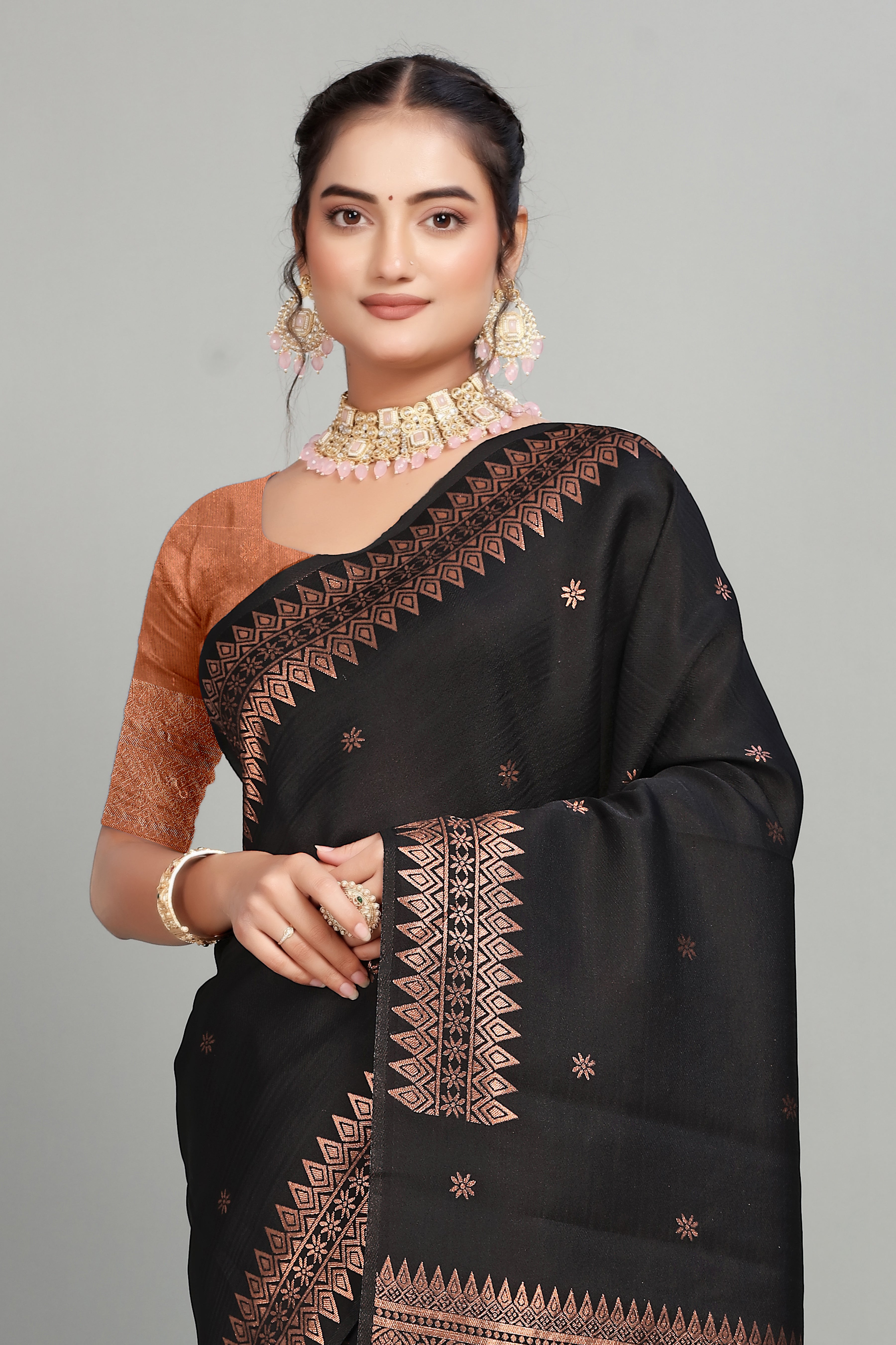 Black Solid Woven Silk Saree