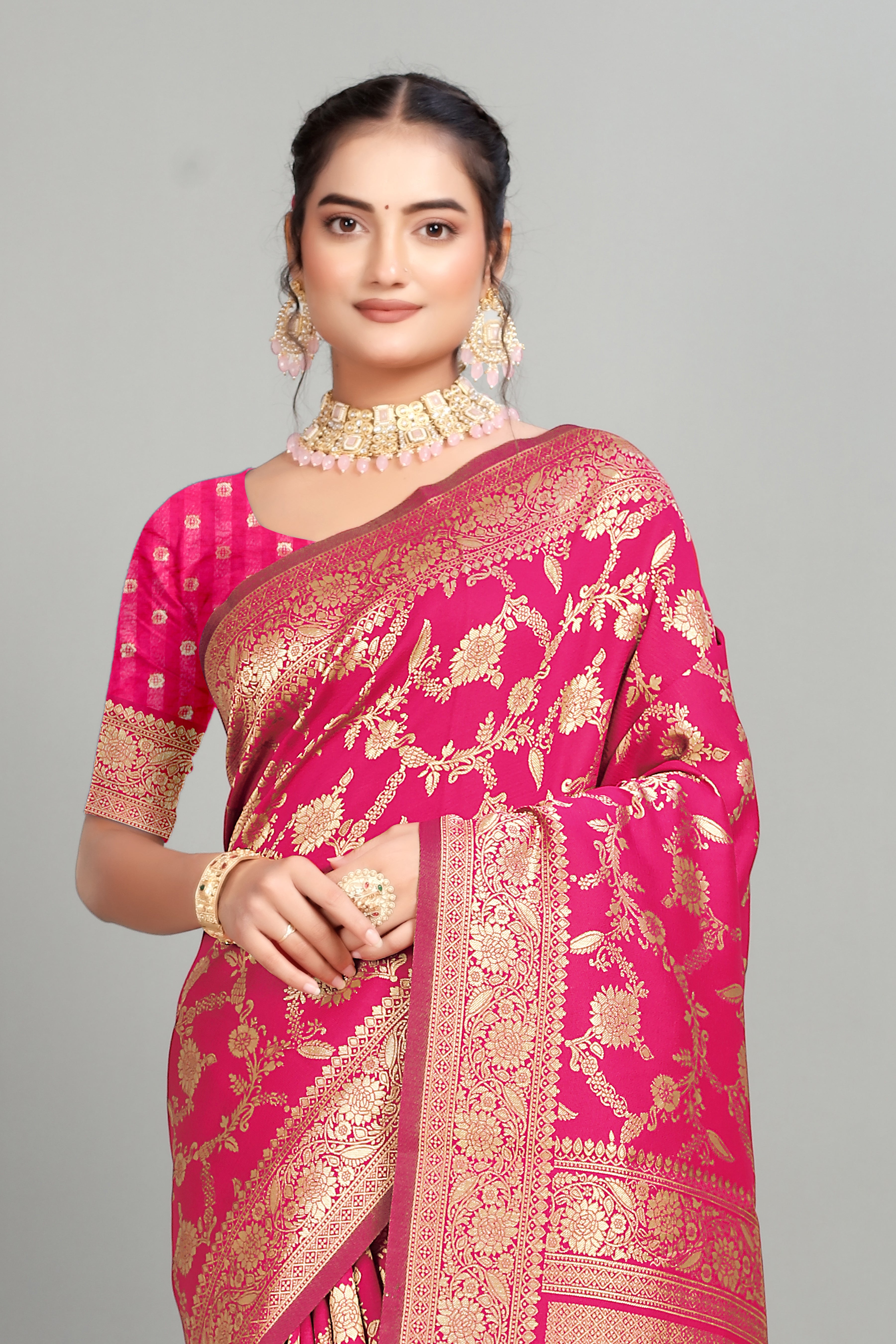 Rani Pink Woven Banarasi Silk Saree