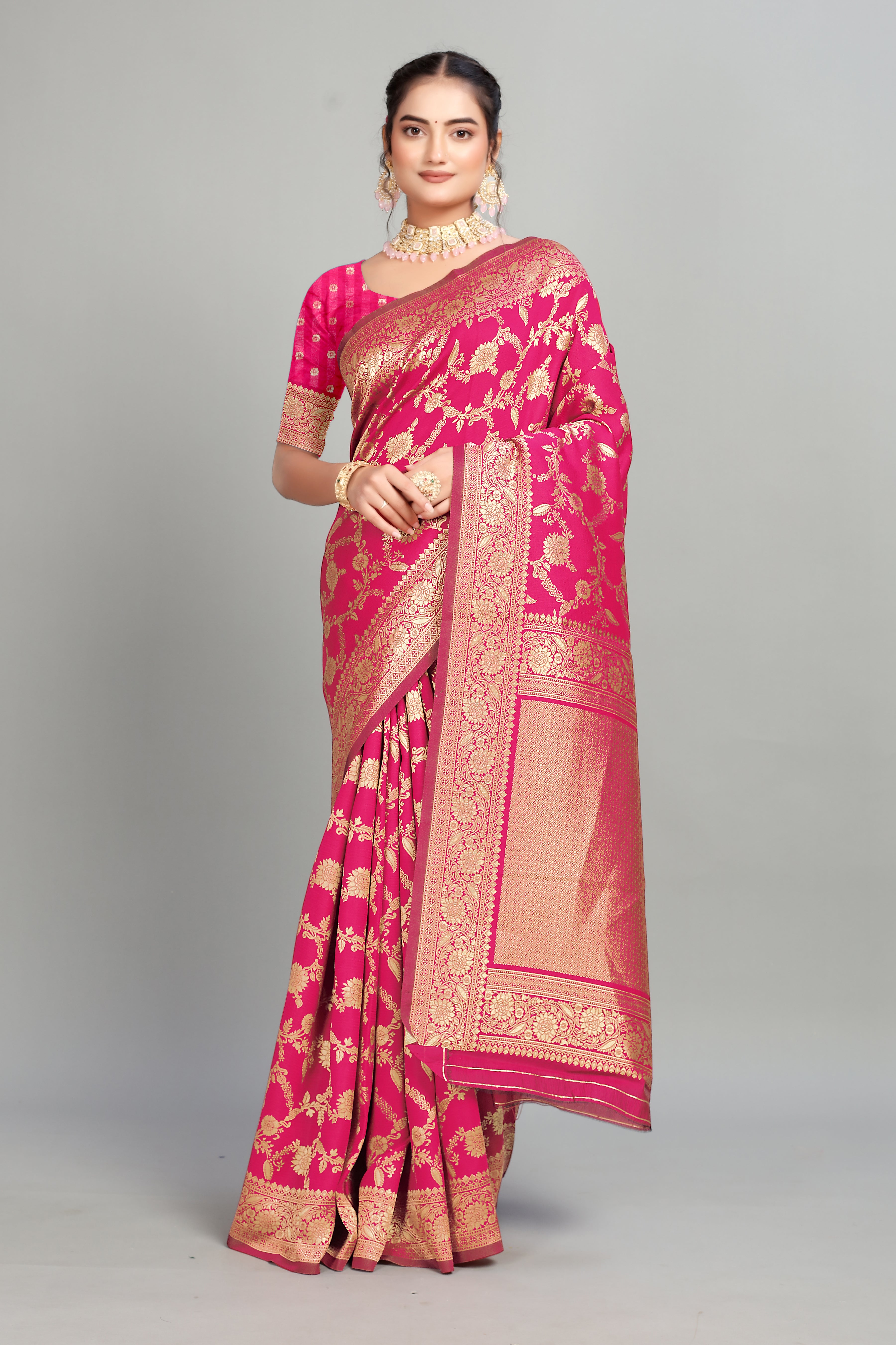 Rani Pink Woven Banarasi Silk Saree