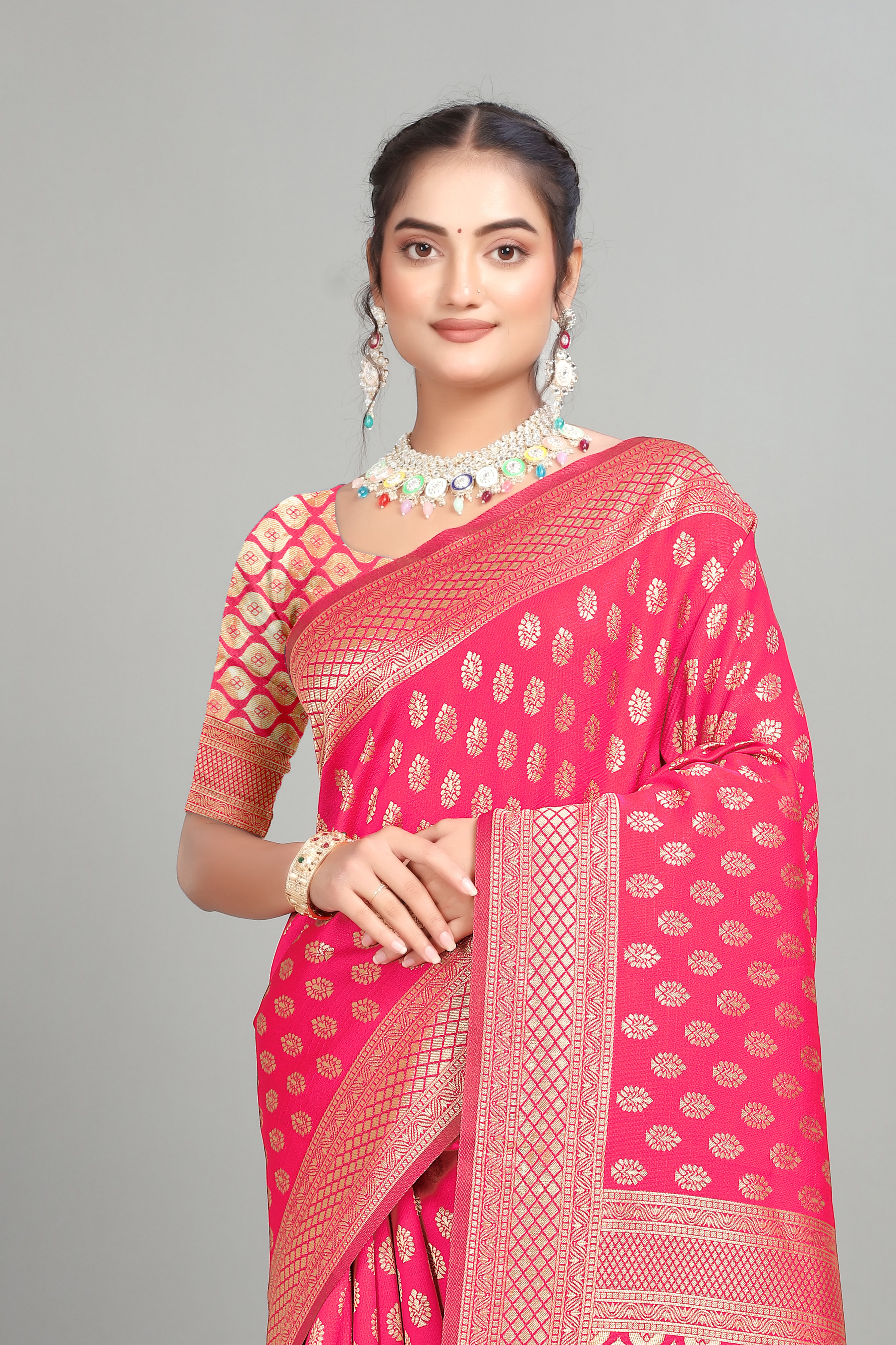 Dark Pink Woven Banarasi Silk Saree