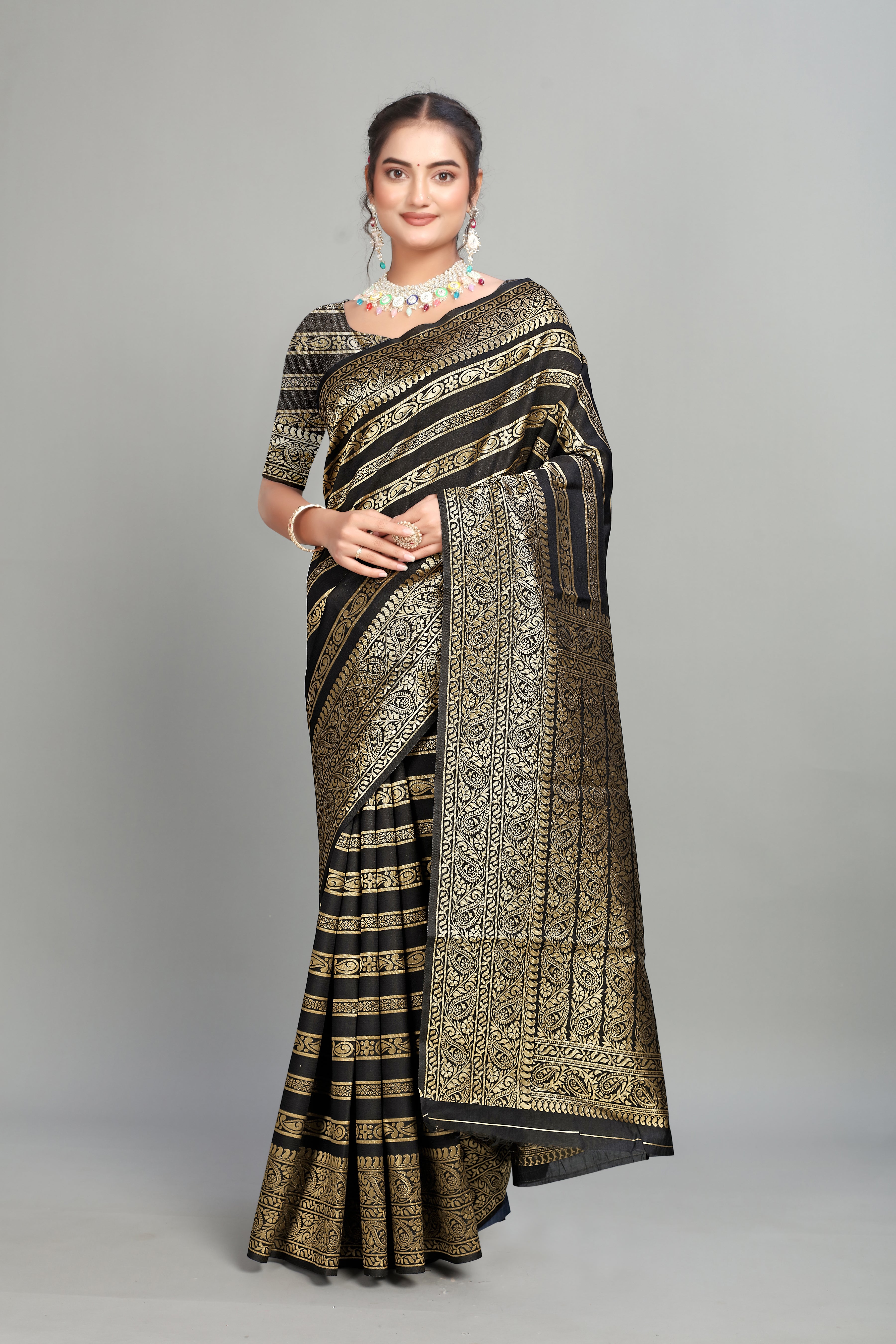Black Soft Lichi Silk Golden Striped Silk Saree