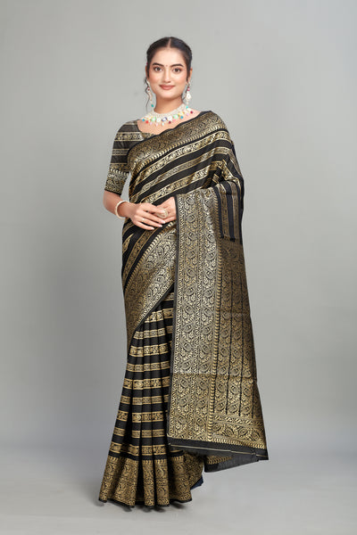 Black Soft Lichi Silk Golden Striped Silk Saree