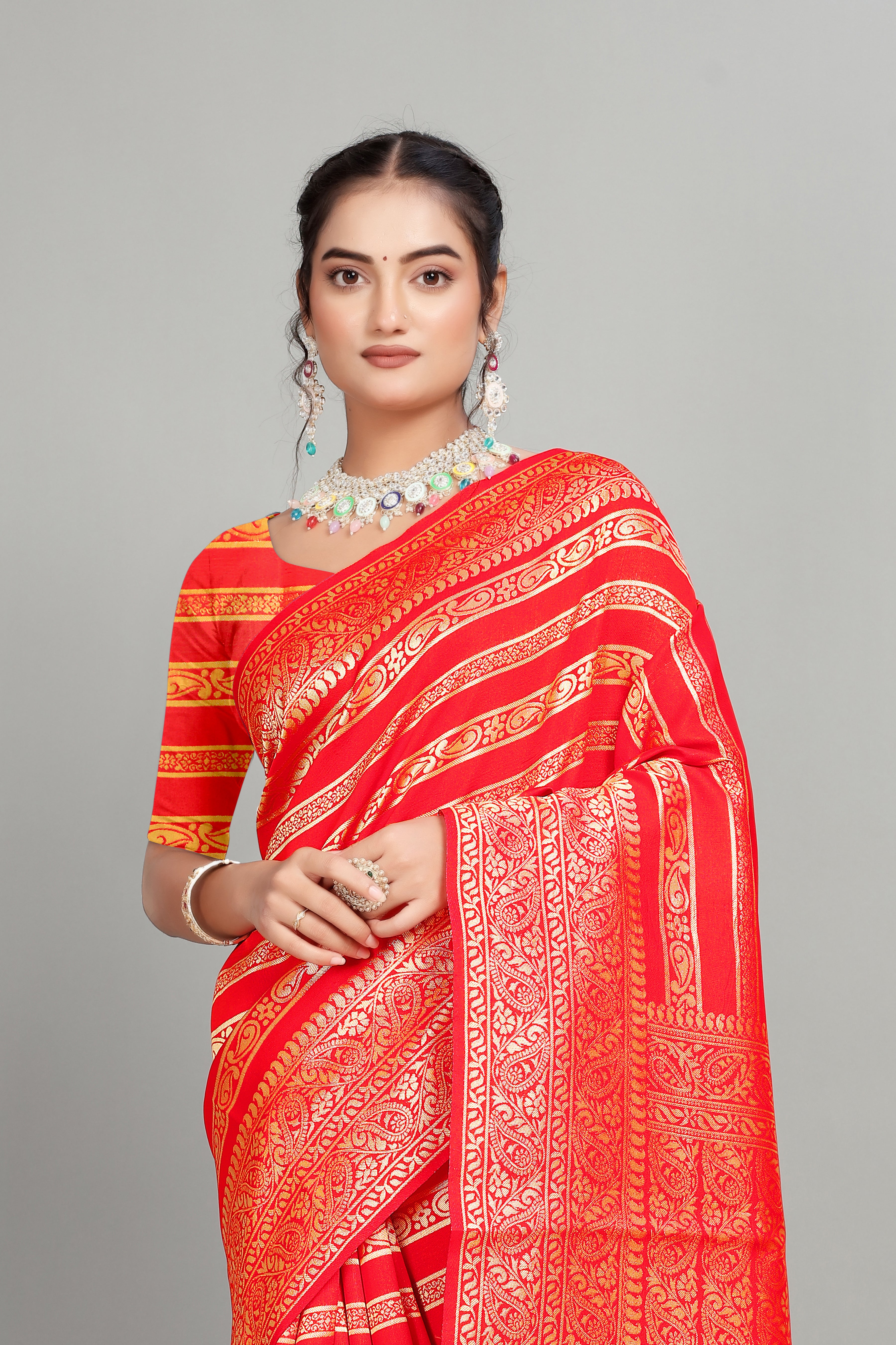 Red Soft Lichi Silk Golden Striped Silk Saree
