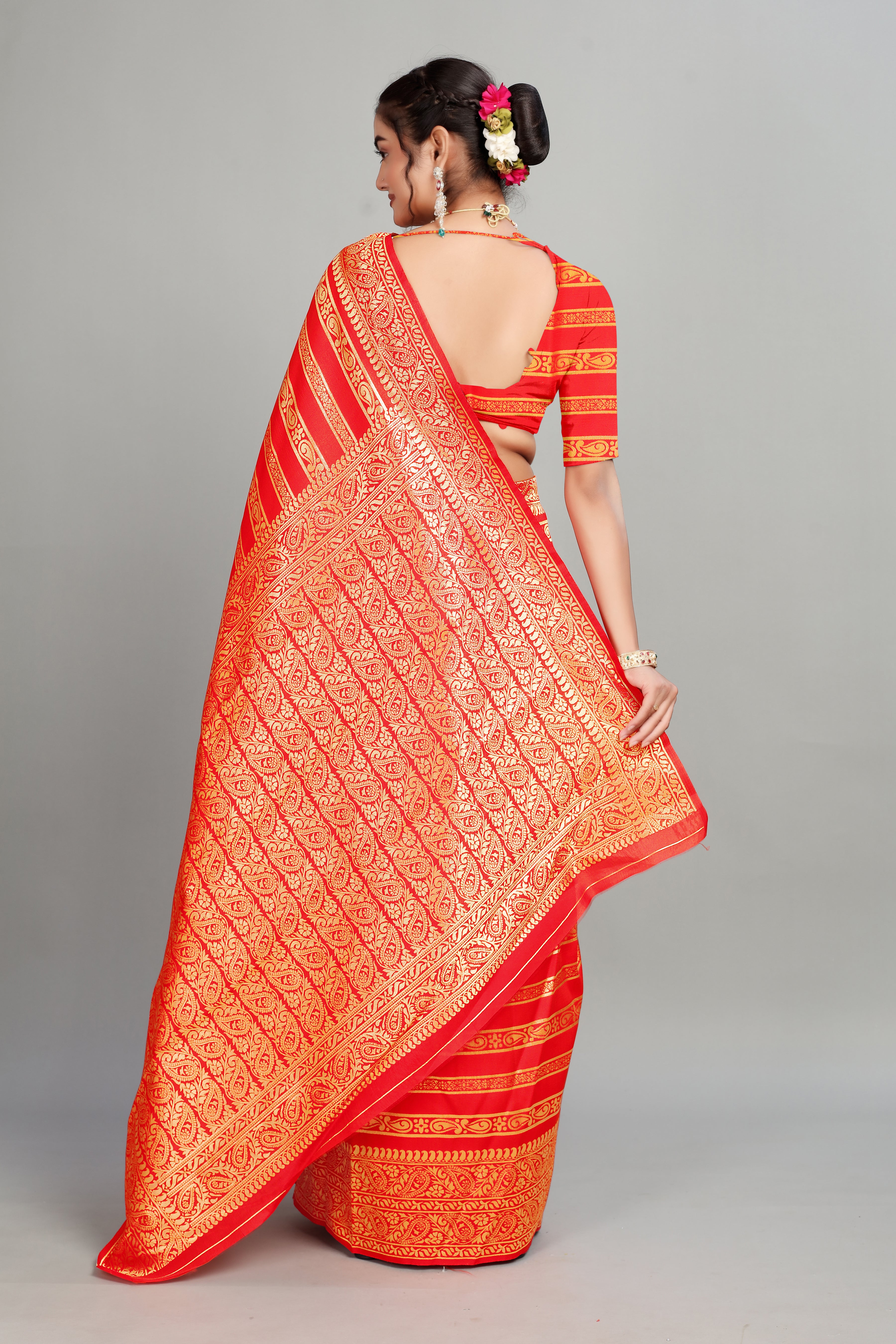 Red Soft Lichi Silk Golden Striped Silk Saree