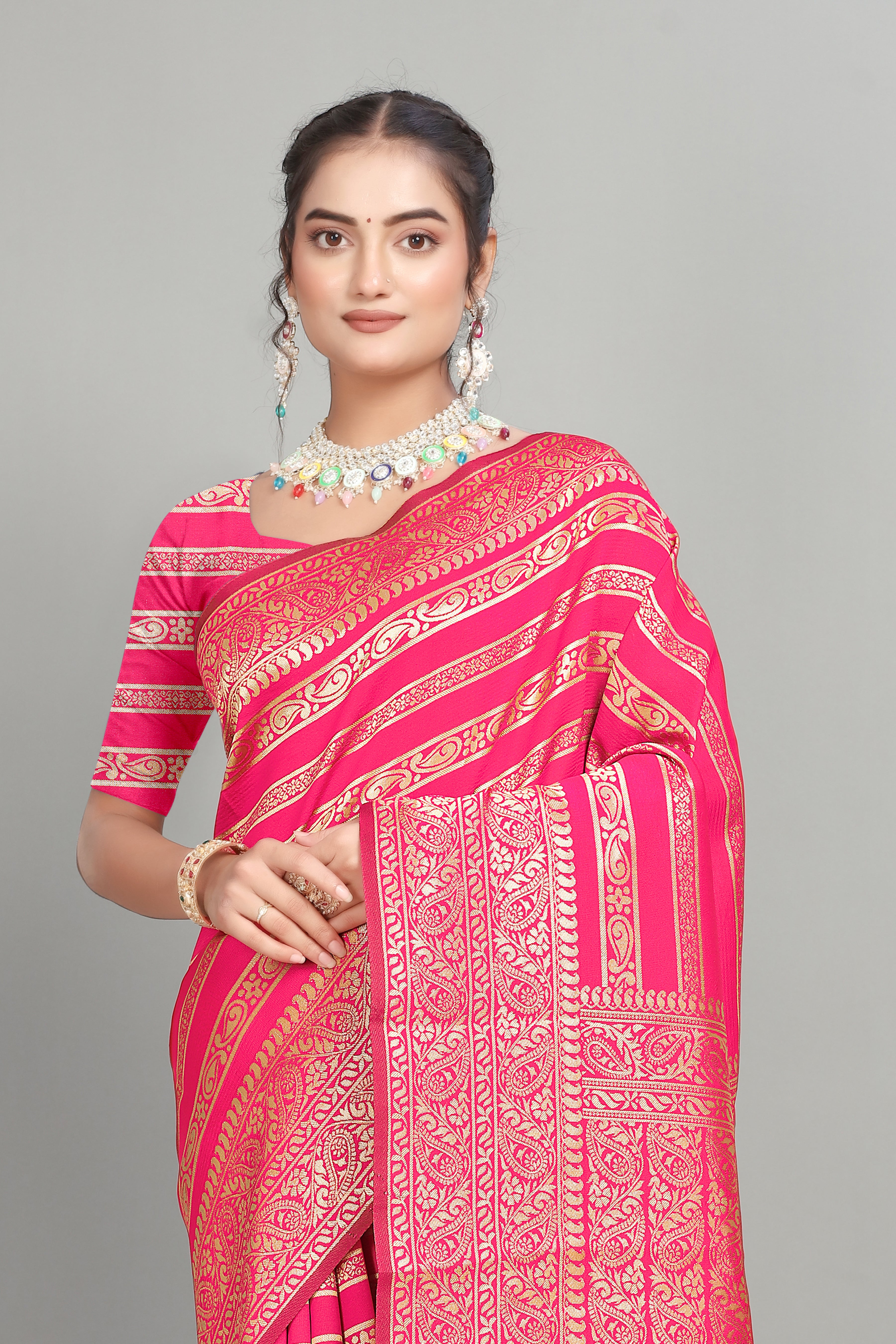 Pink Soft Lichi Silk Golden Striped Silk Saree