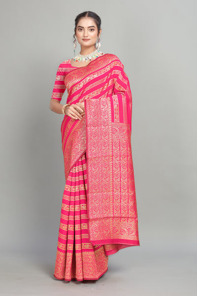 Pink Soft Lichi Silk Golden Striped Silk Saree