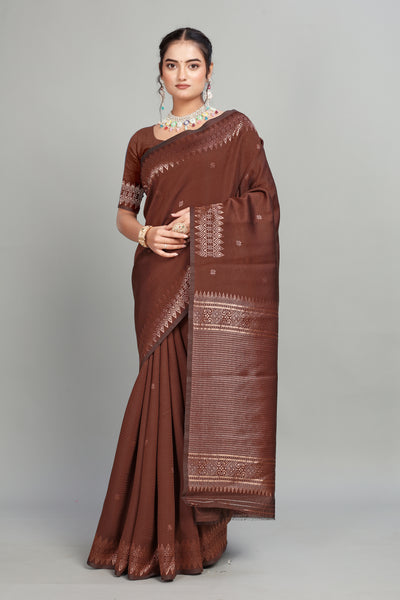 Brown Solid Woven Silk Saree