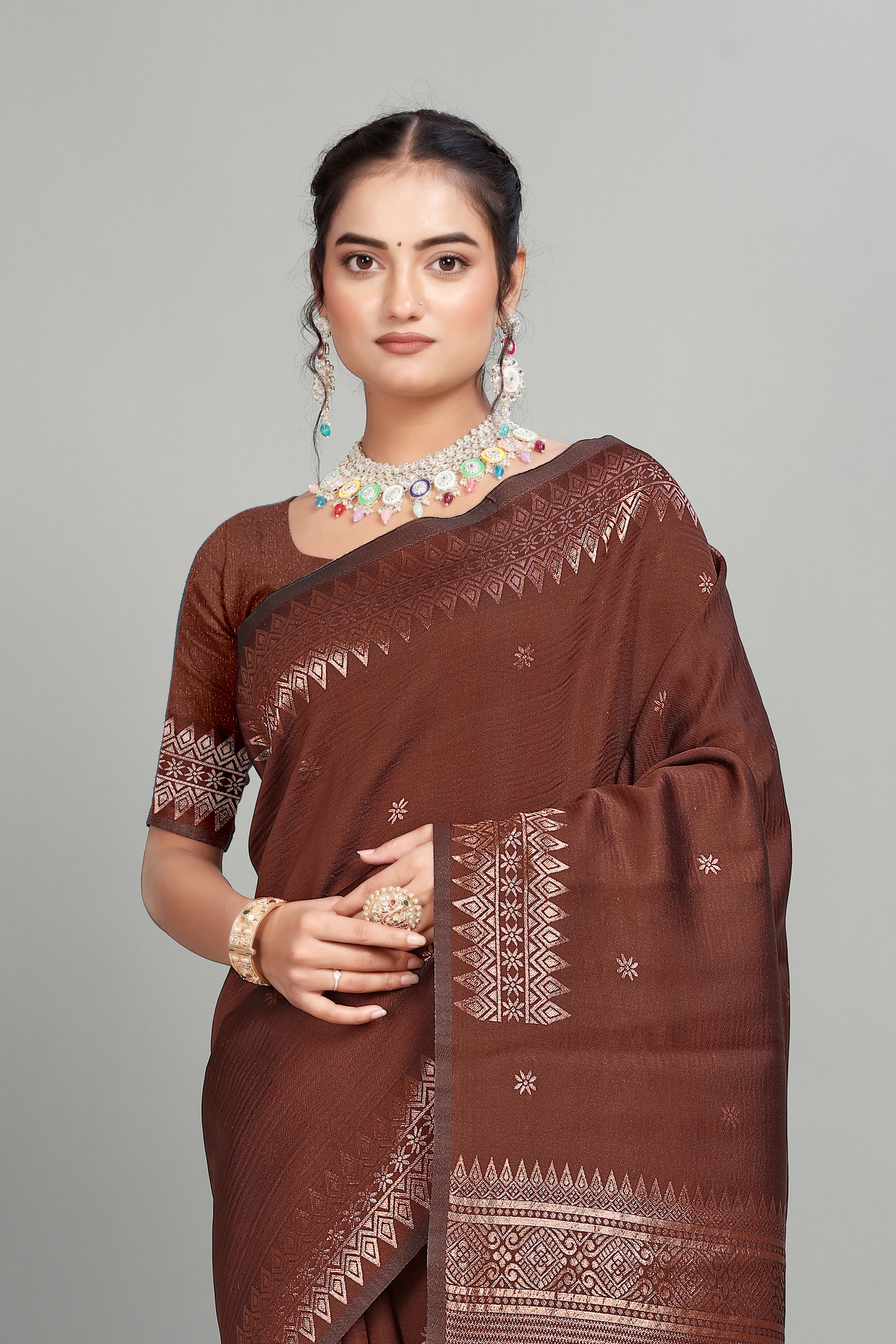 Brown Solid Woven Silk Saree