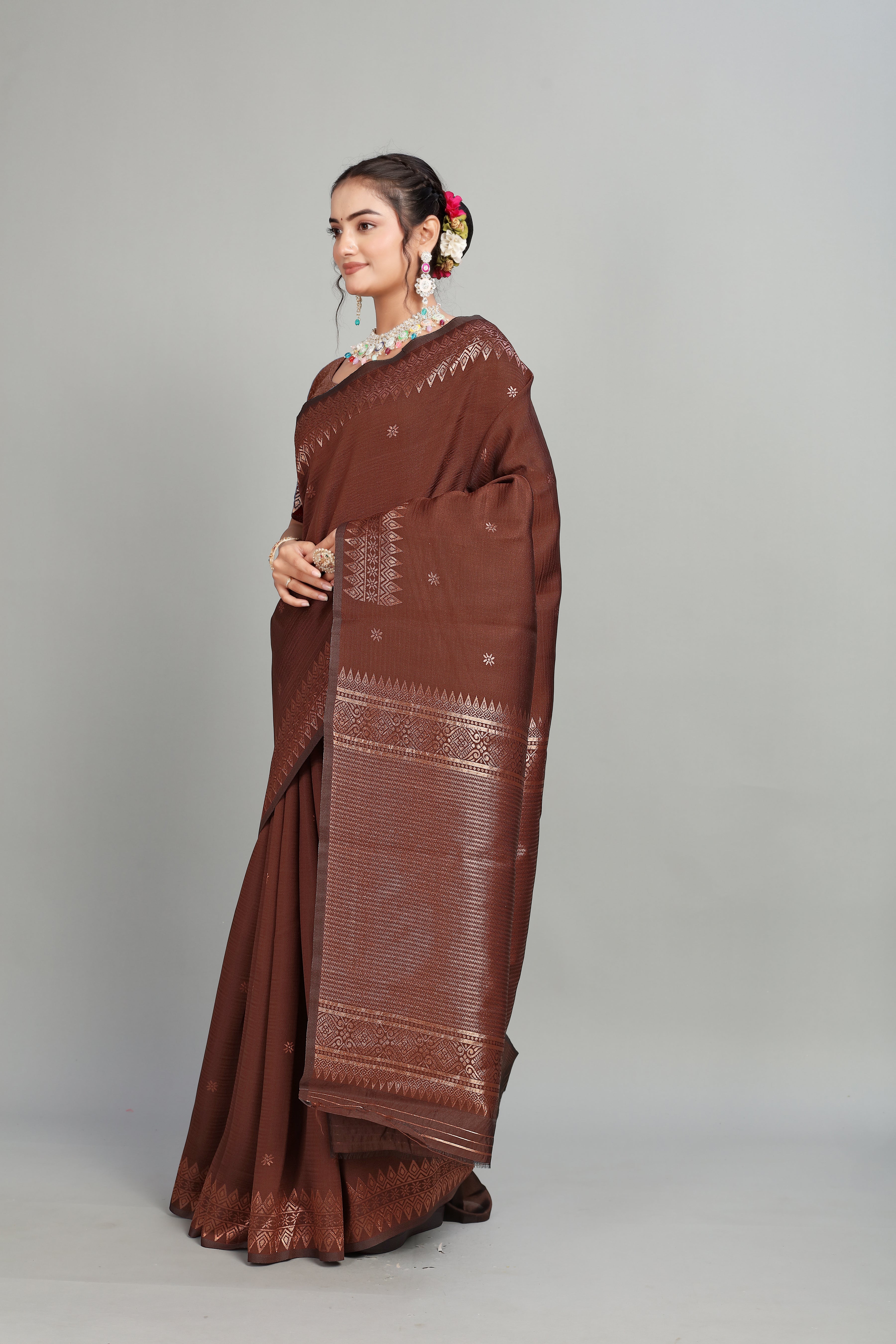 Brown Solid Woven Silk Saree