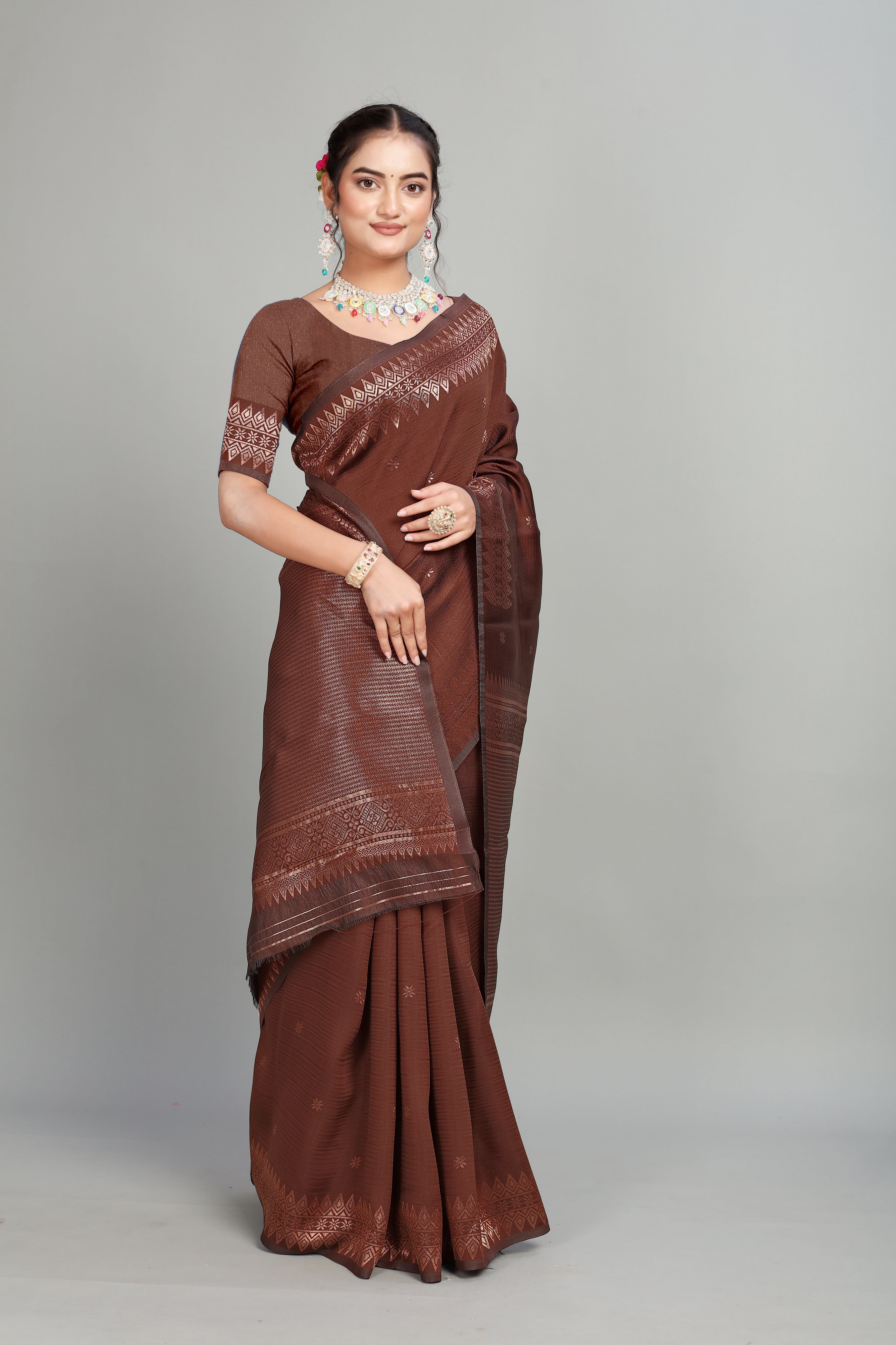 Brown Solid Woven Silk Saree