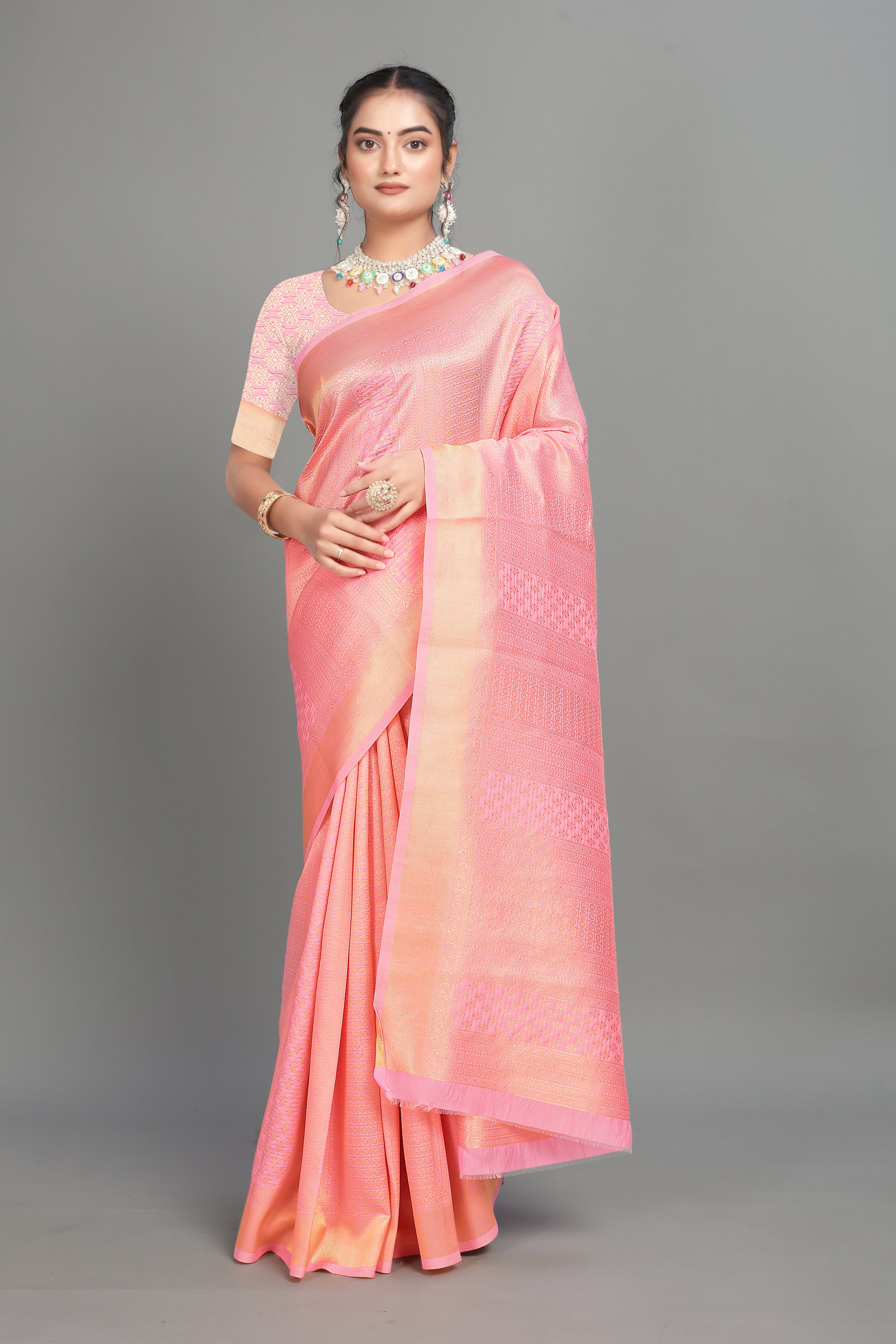 Baby Pink Woven Banarasi Silk Saree