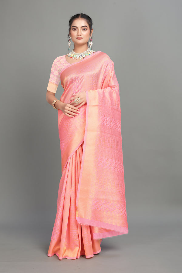 Baby Pink Woven Banarasi Silk Saree