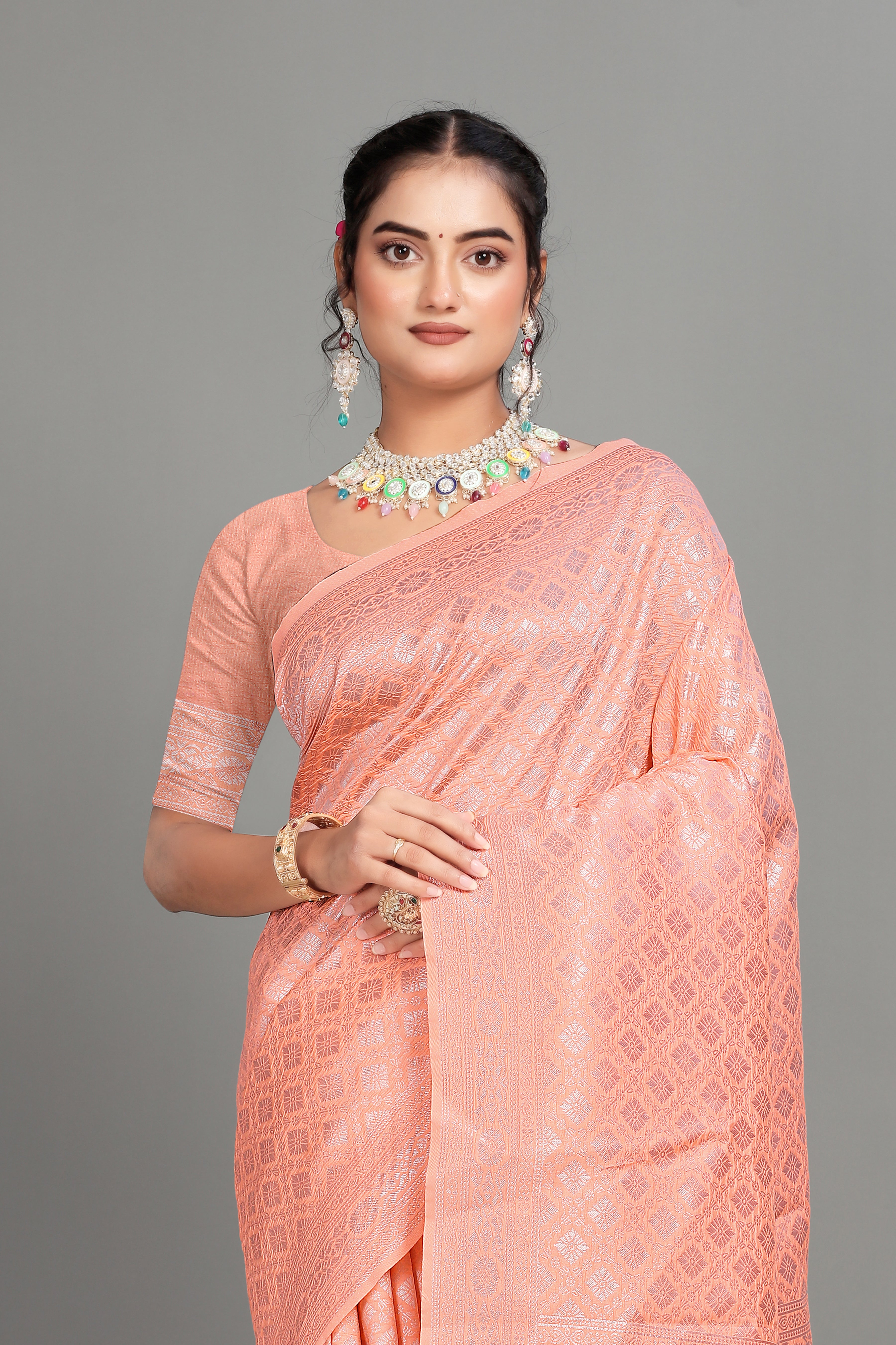 Peach Woven Banarasi Silk Saree