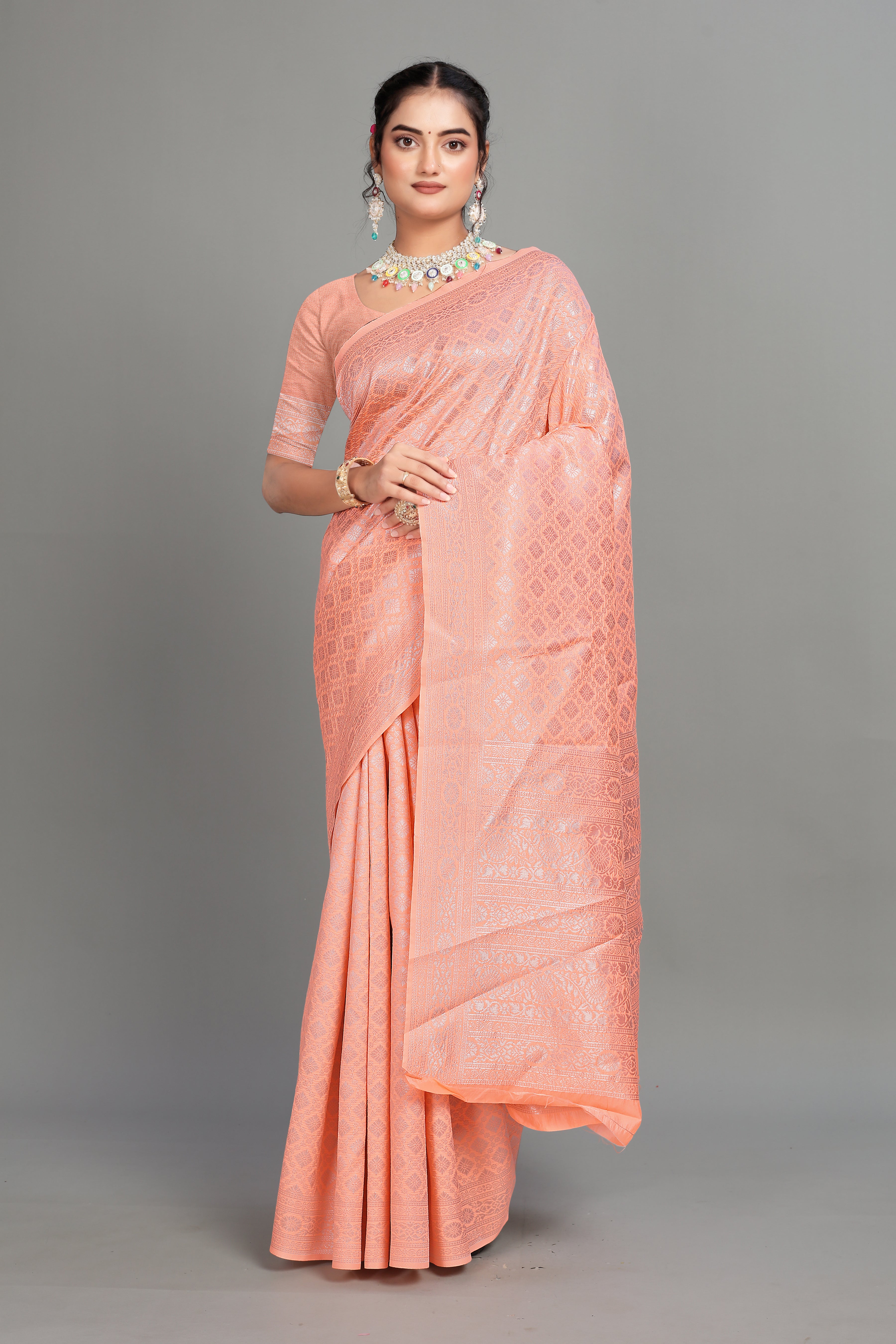 Peach Woven Banarasi Silk Saree