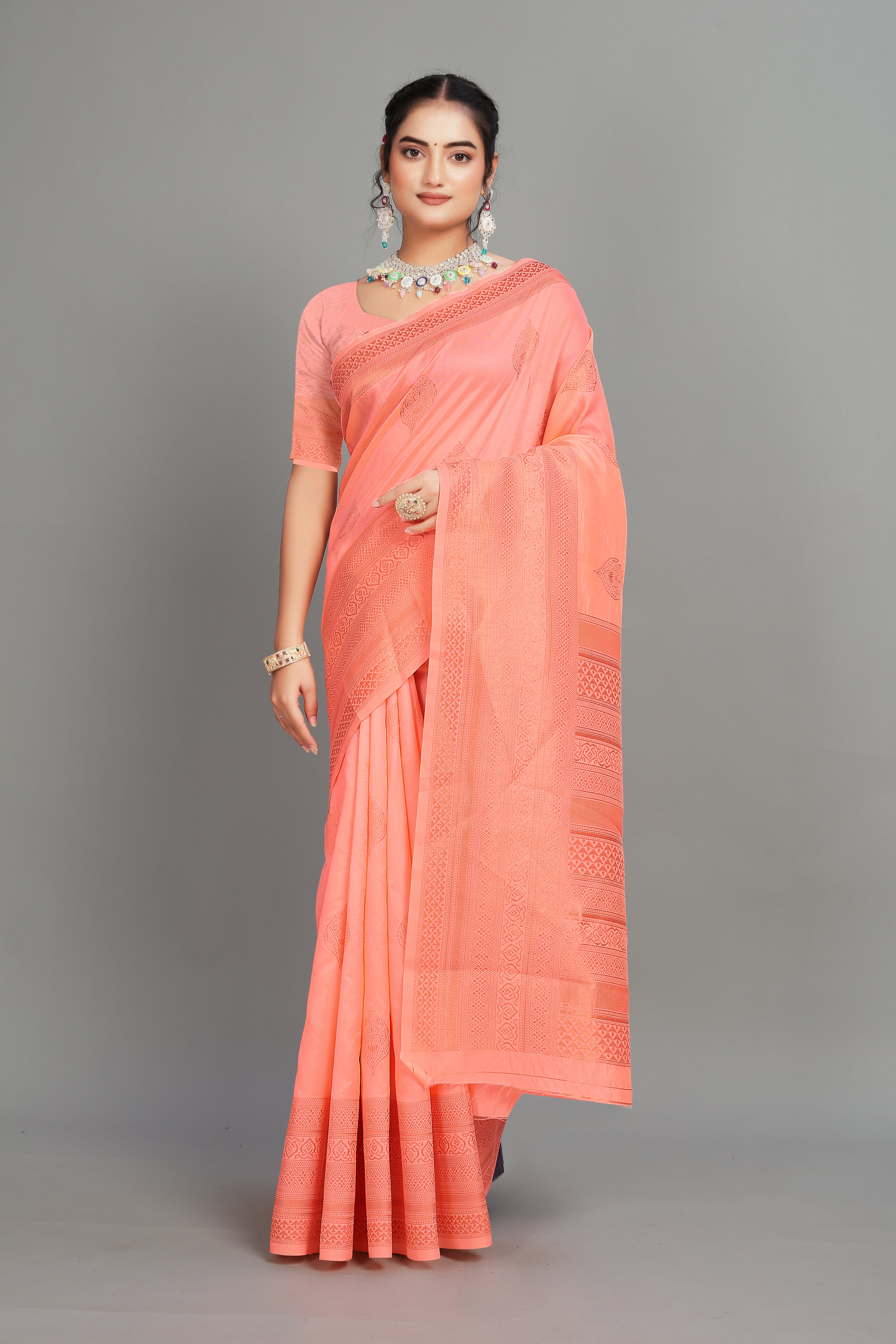 Pink Woven Silk Blend Saree