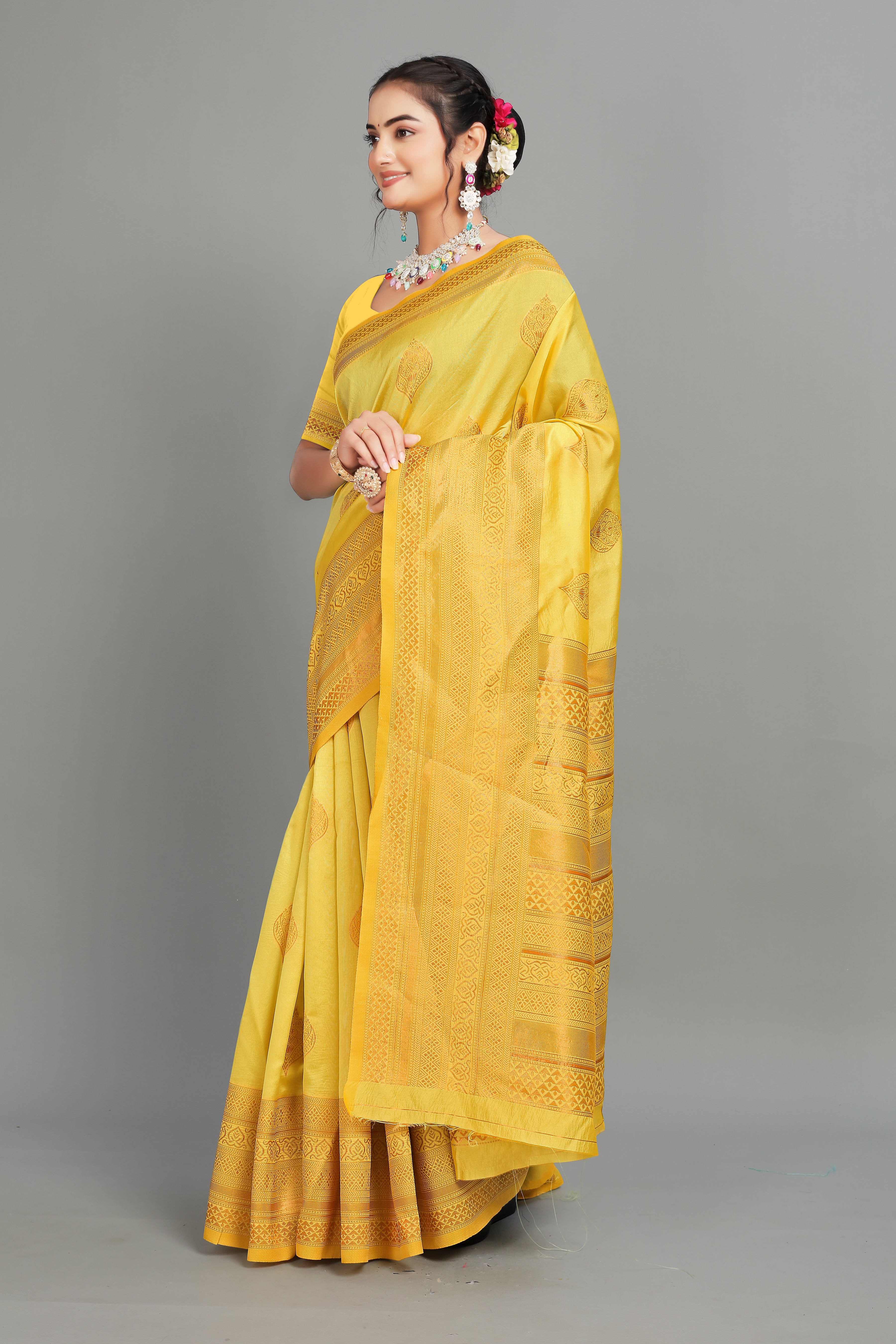 Yellow Woven Silk Blend Saree