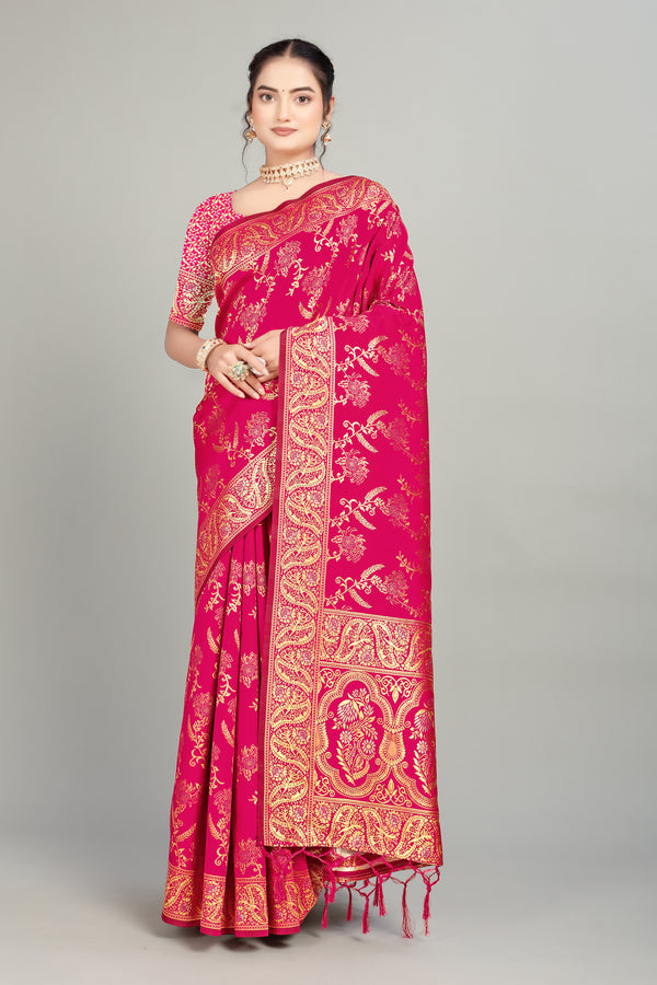 Dark Pink Woven Silk Blend Saree