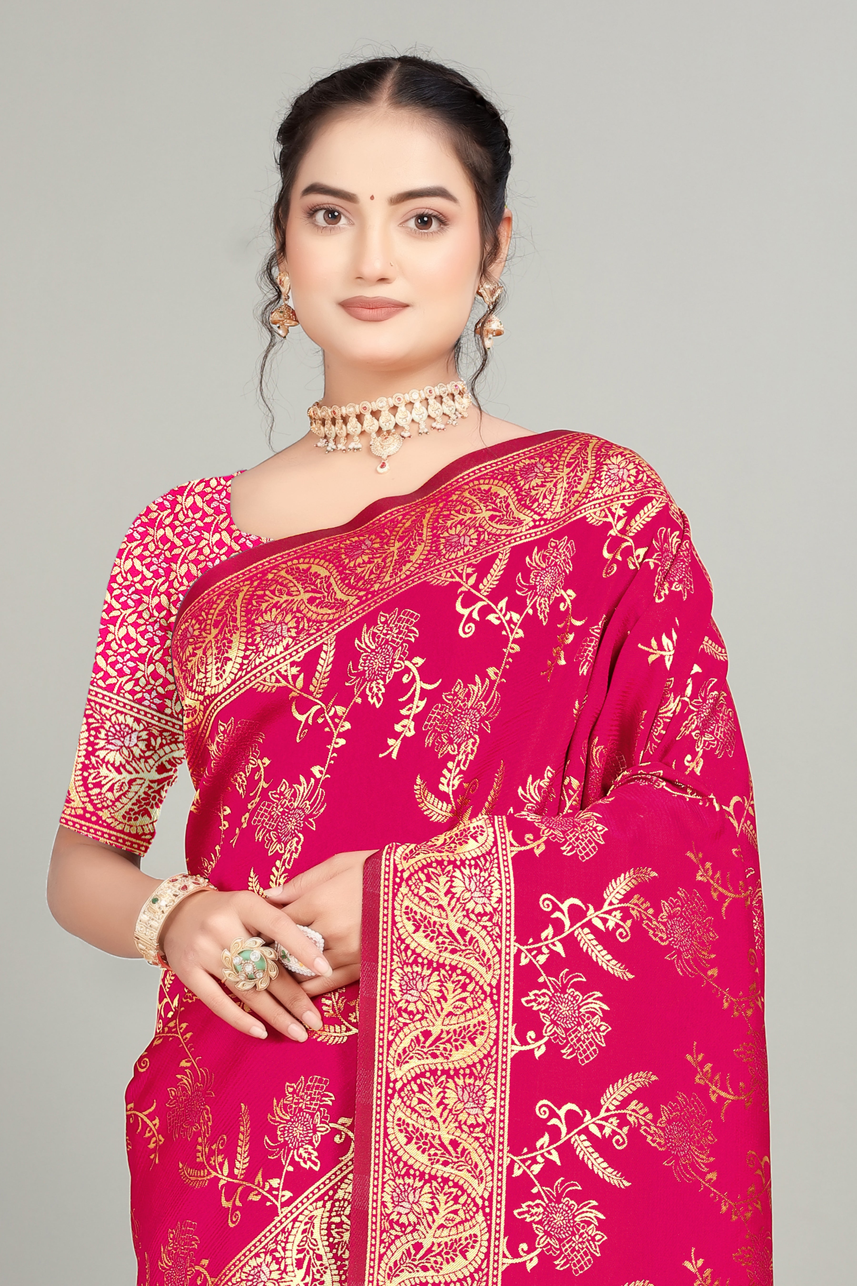 Dark Pink Woven Silk Blend Saree