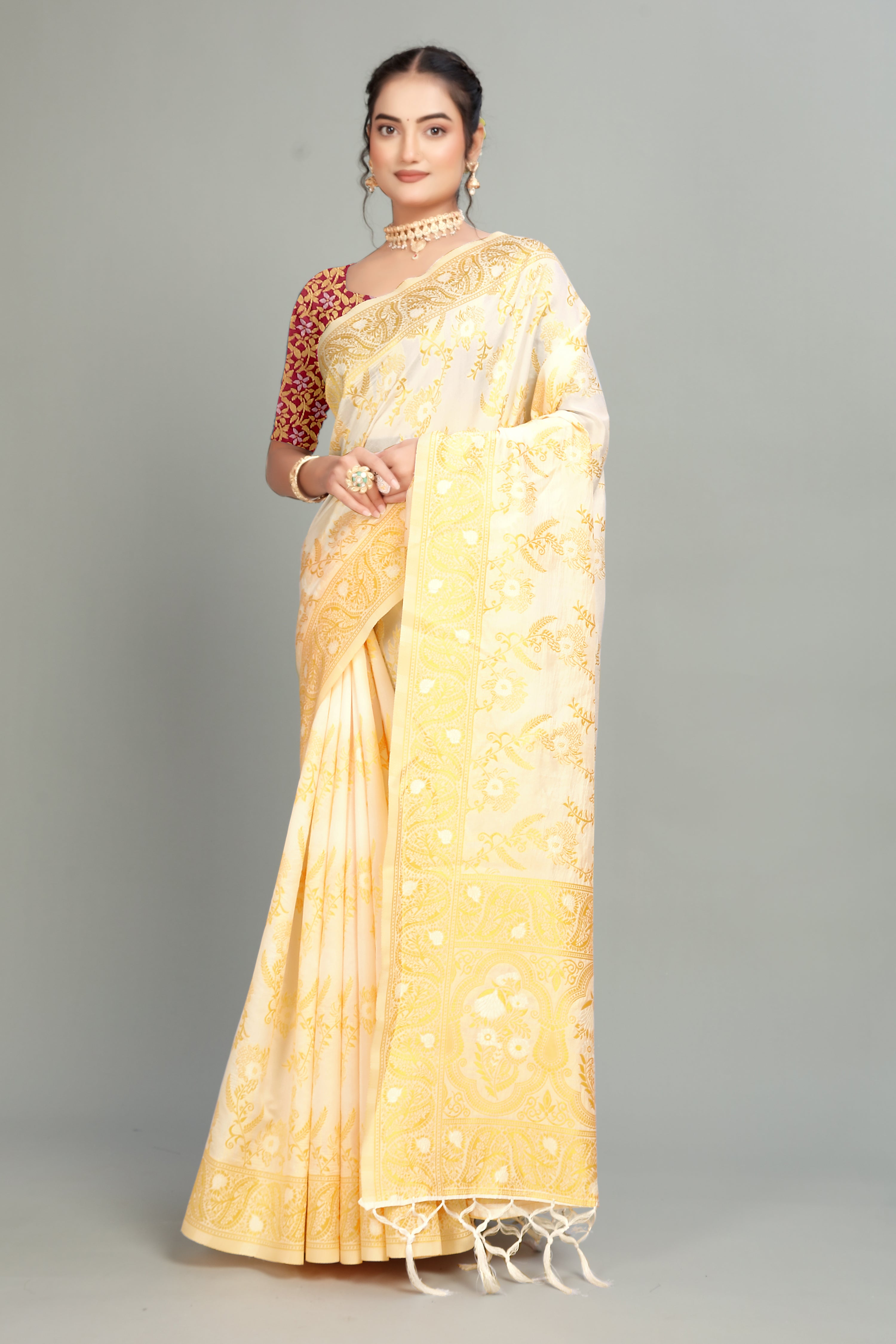 Cream Woven Banarasi Silk Saree