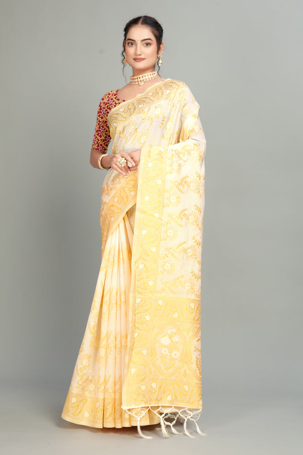 Soft Lichi Silk Fabric With Vine Print Off White Silk Saree