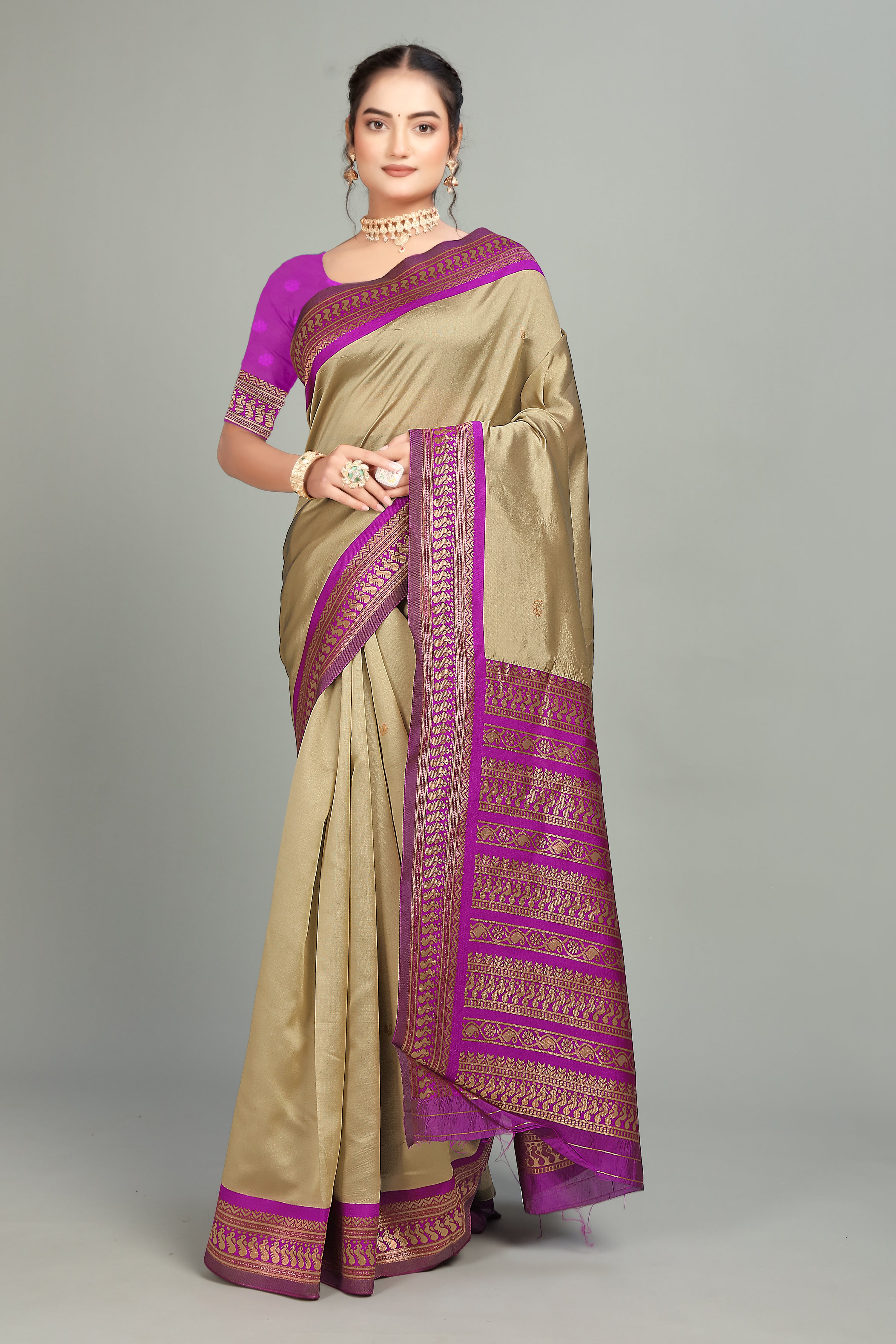 Off White Solid Woven Silk Saree