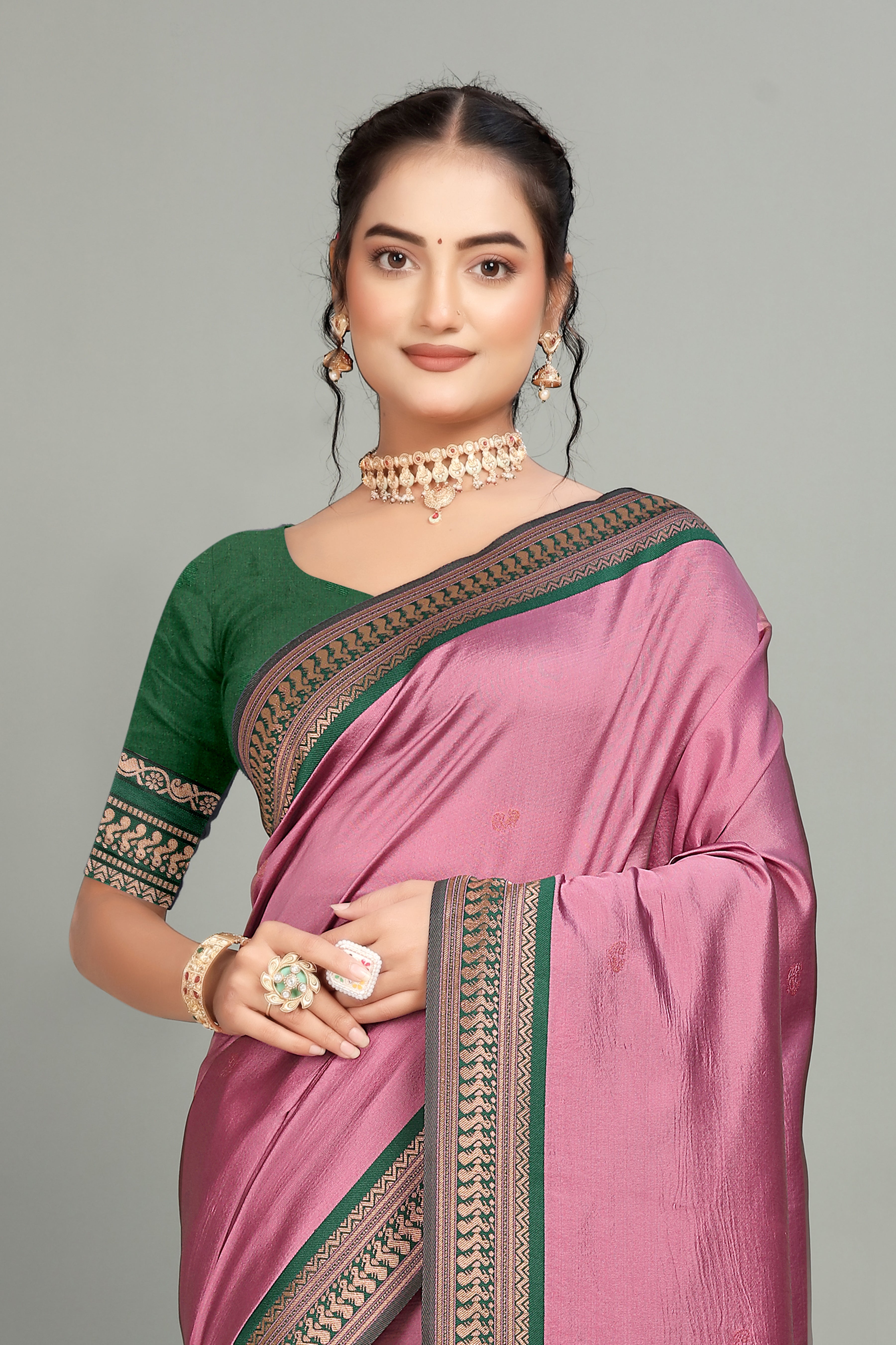 Pink Solid Woven Silk Saree