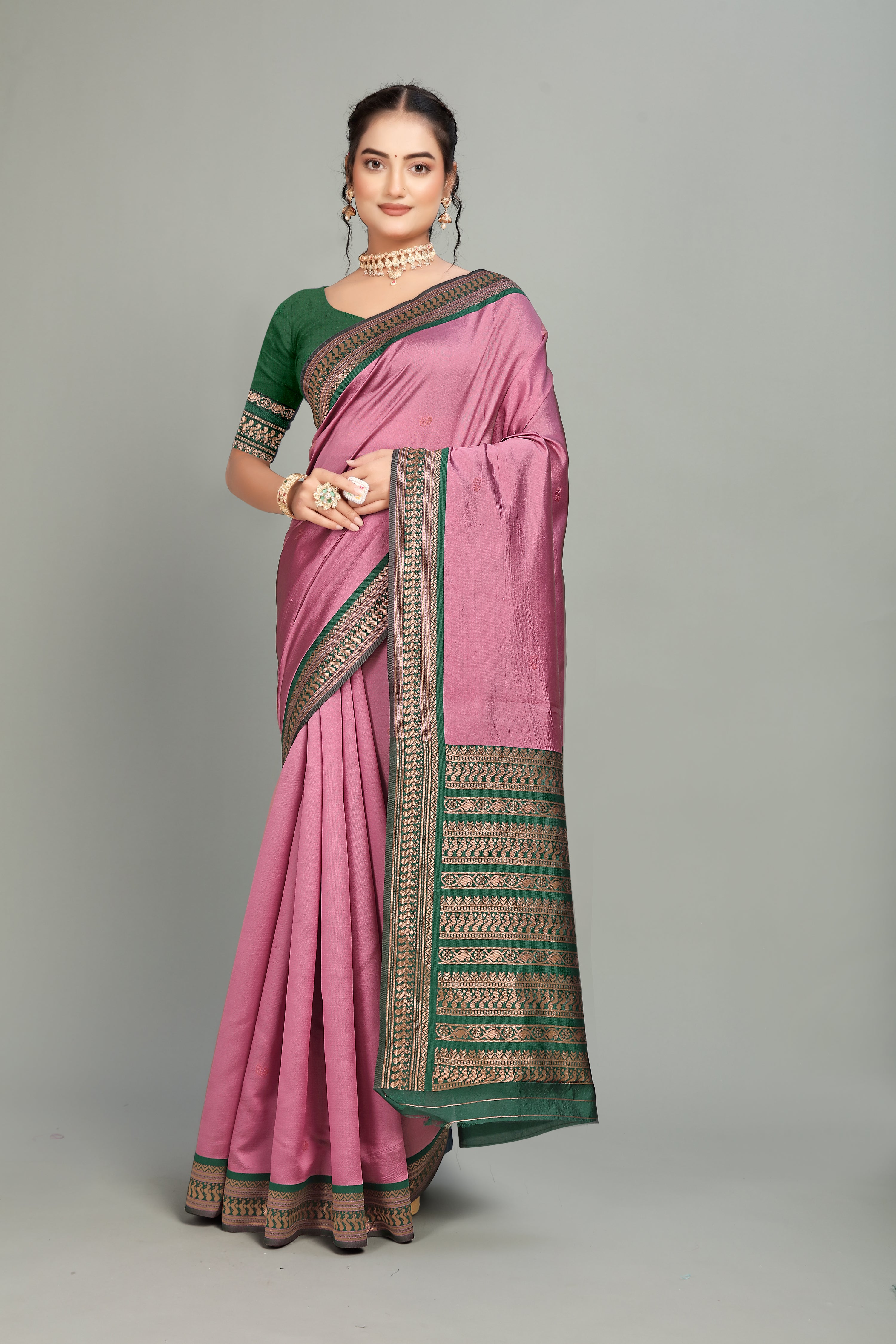 Pink Solid Woven Silk Saree