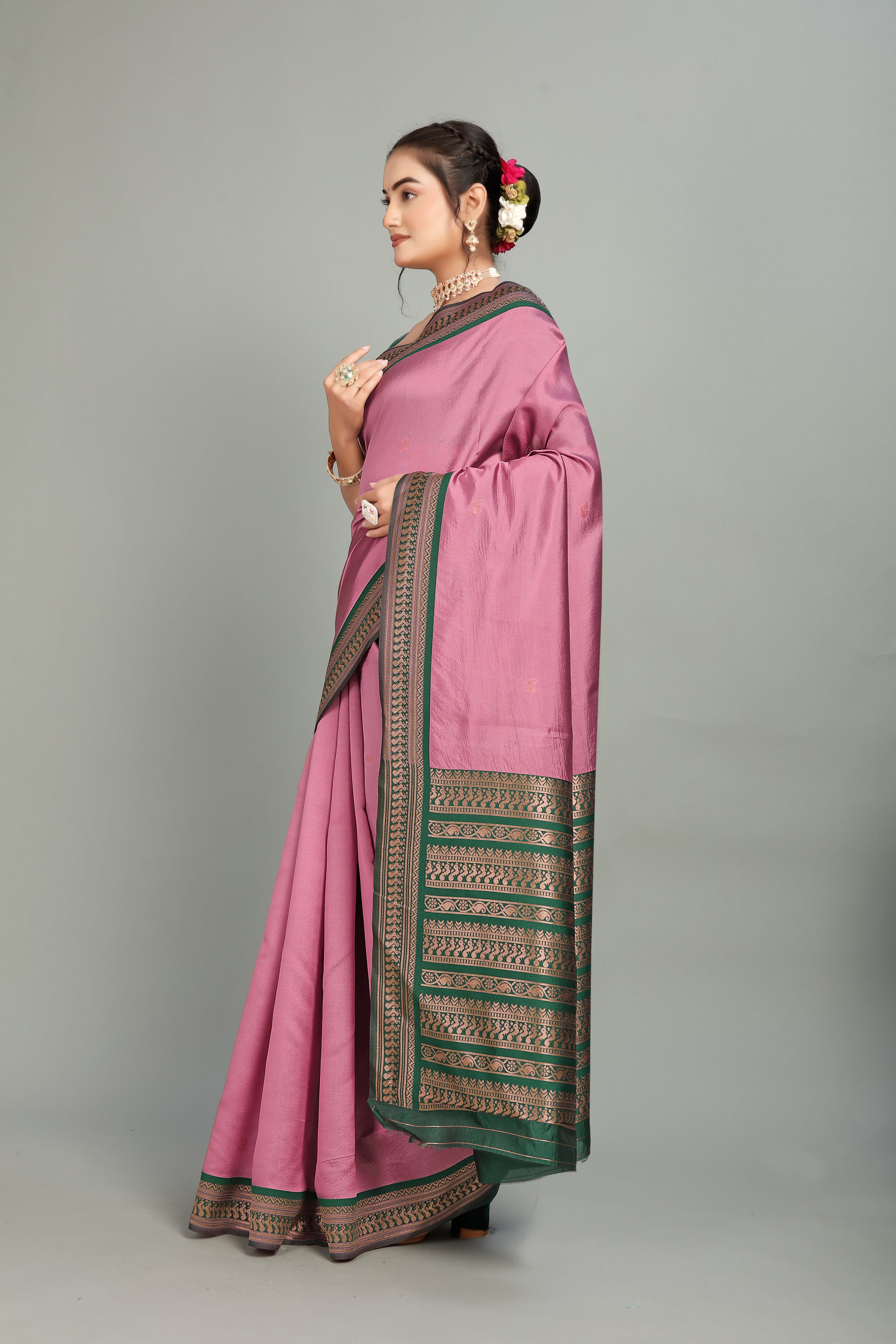 Pink Solid Woven Silk Saree