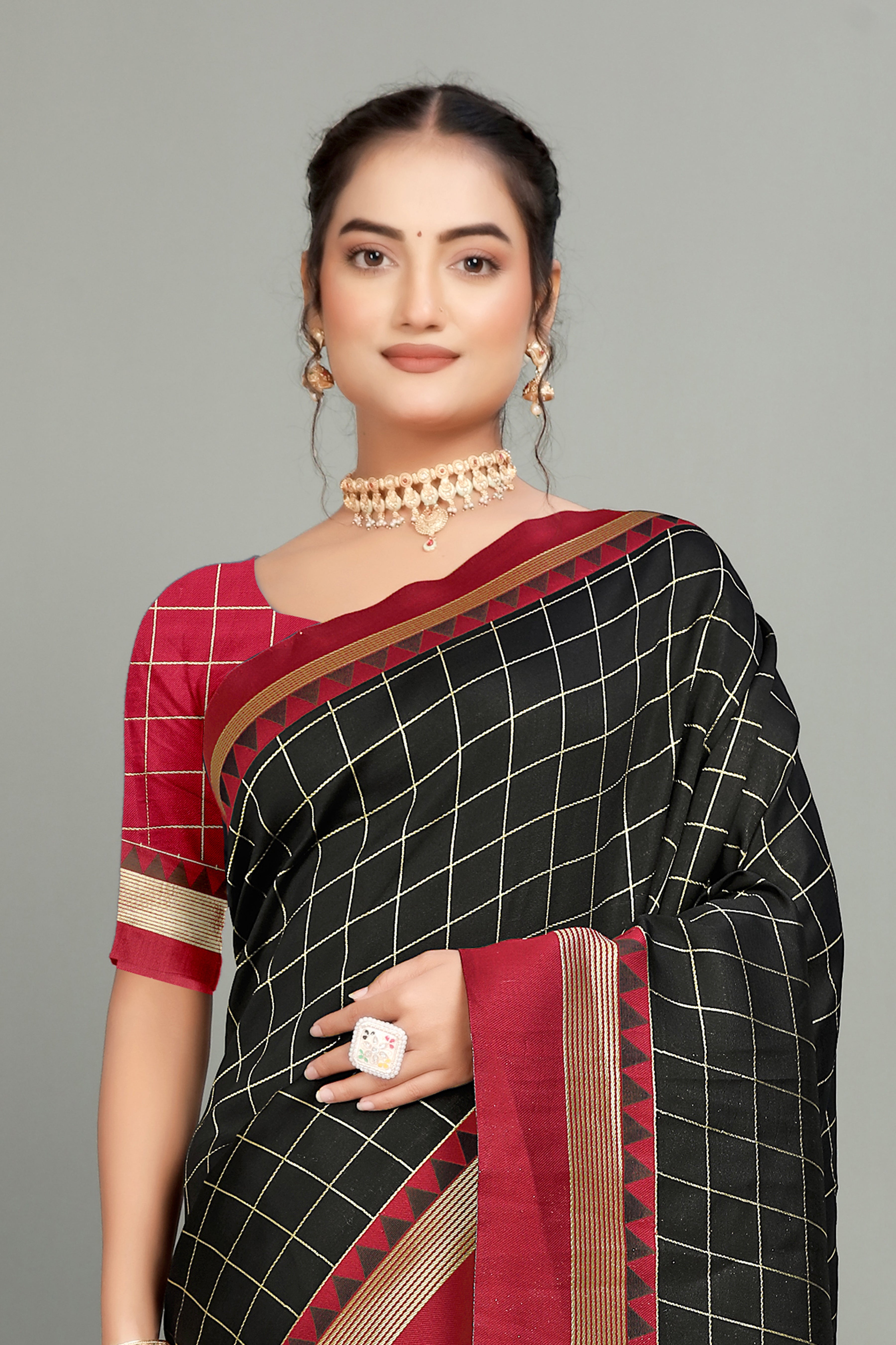 Bottle Green Toned Checkered Silk Saree