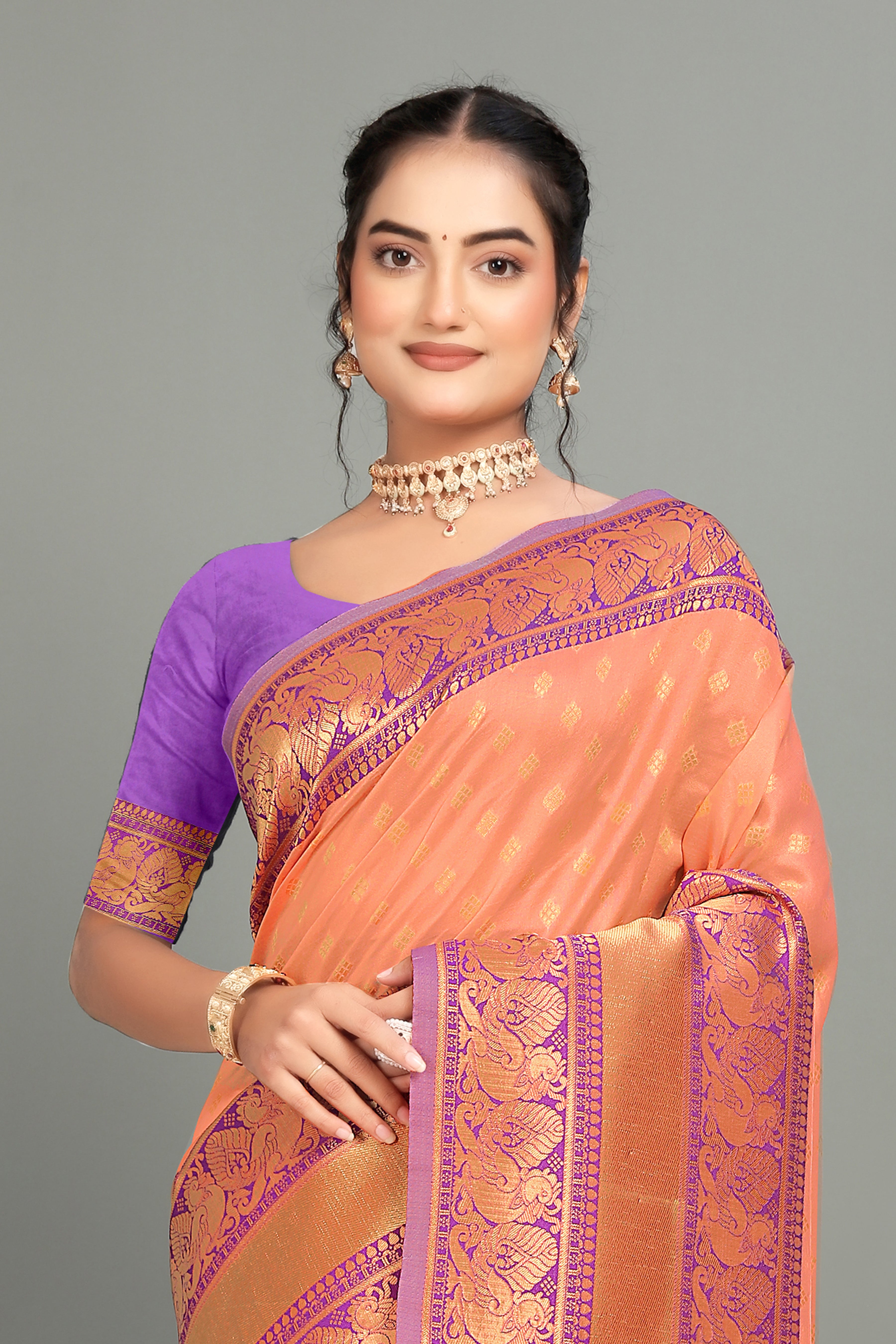 Peach Weaving Banarasi Silk Saree