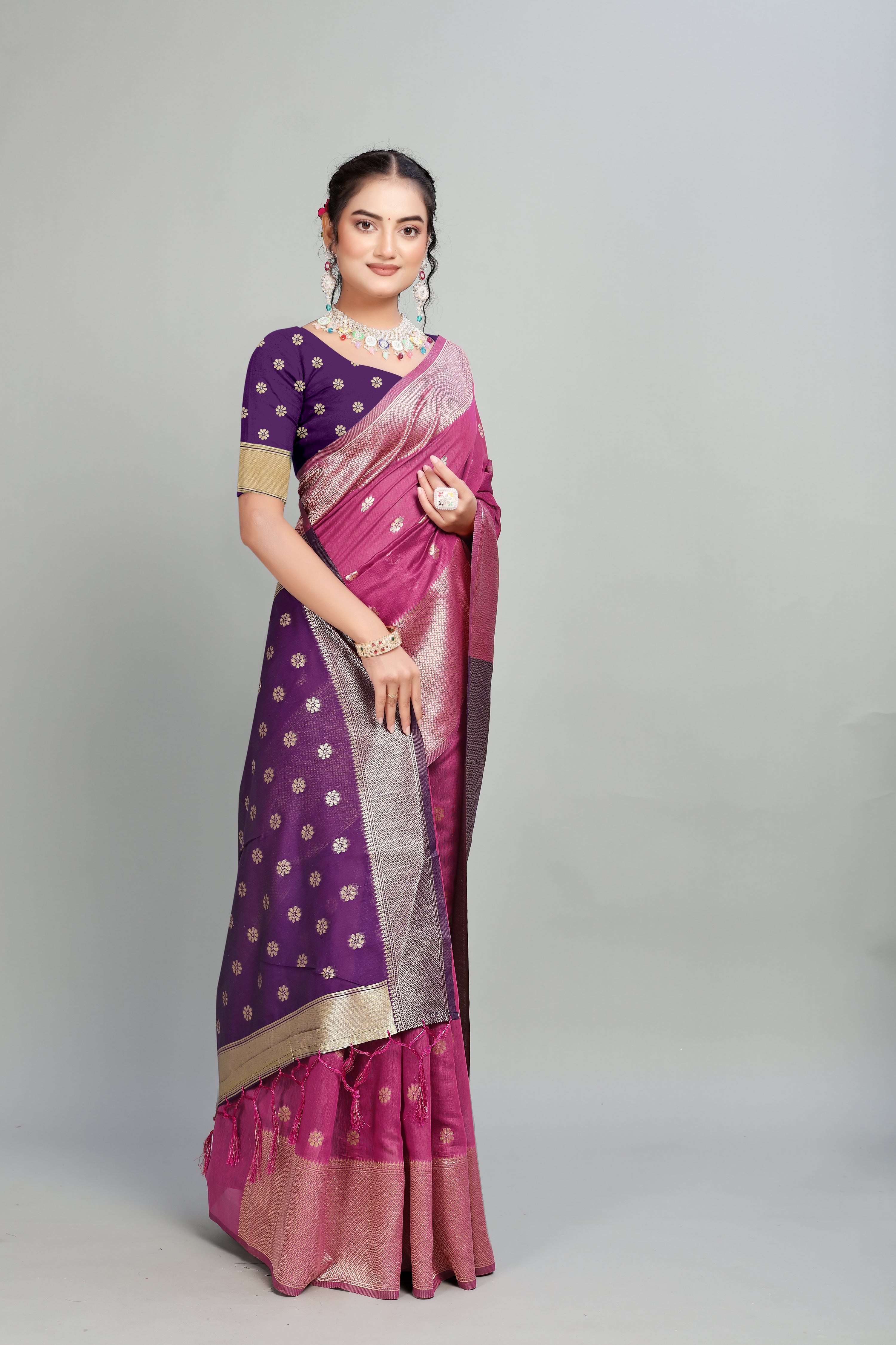 Purple Toned Weaving Cotton Silk Saree