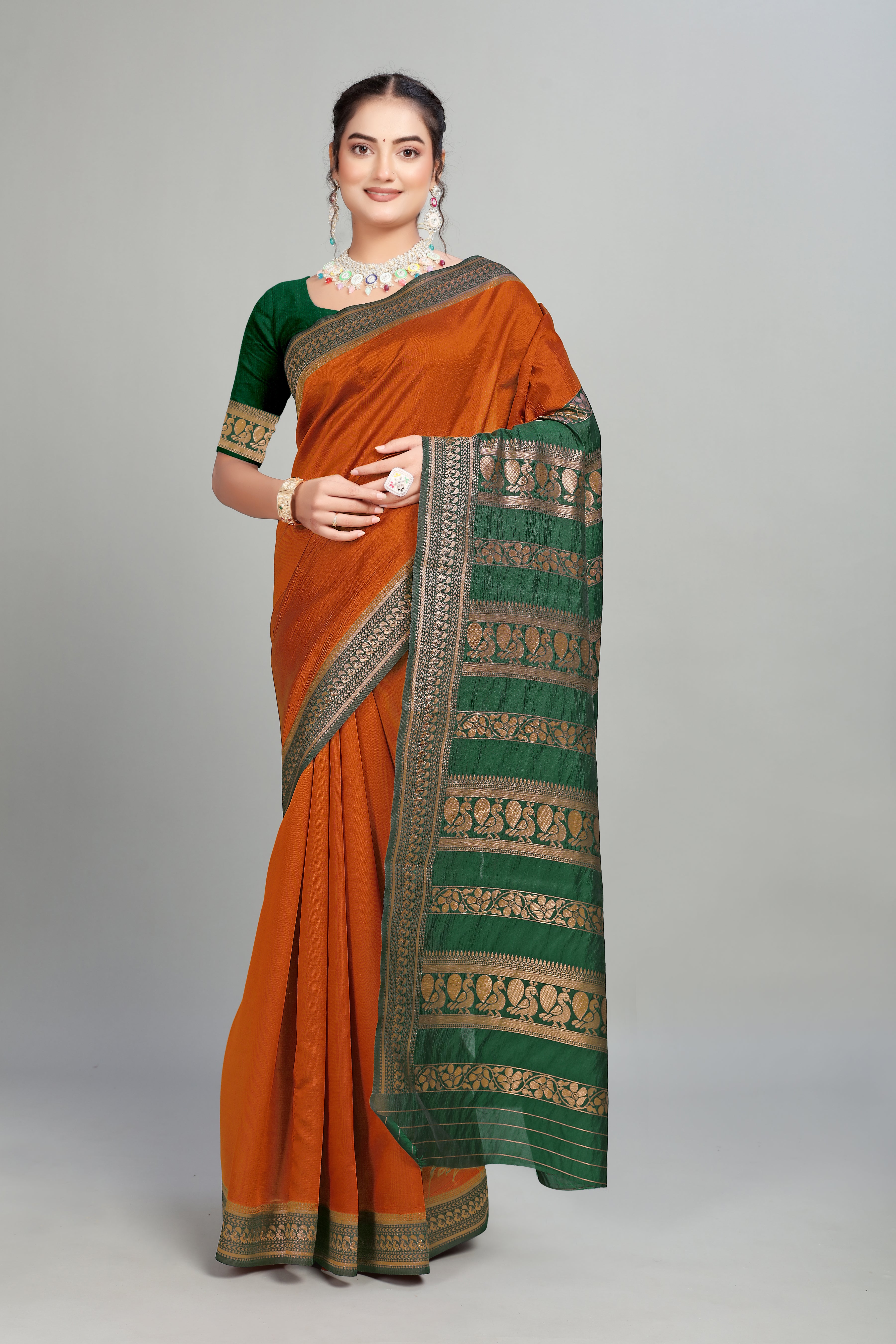Orange Solid Woven Silk Saree