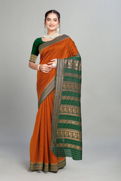 Orange Solid Woven Silk Saree