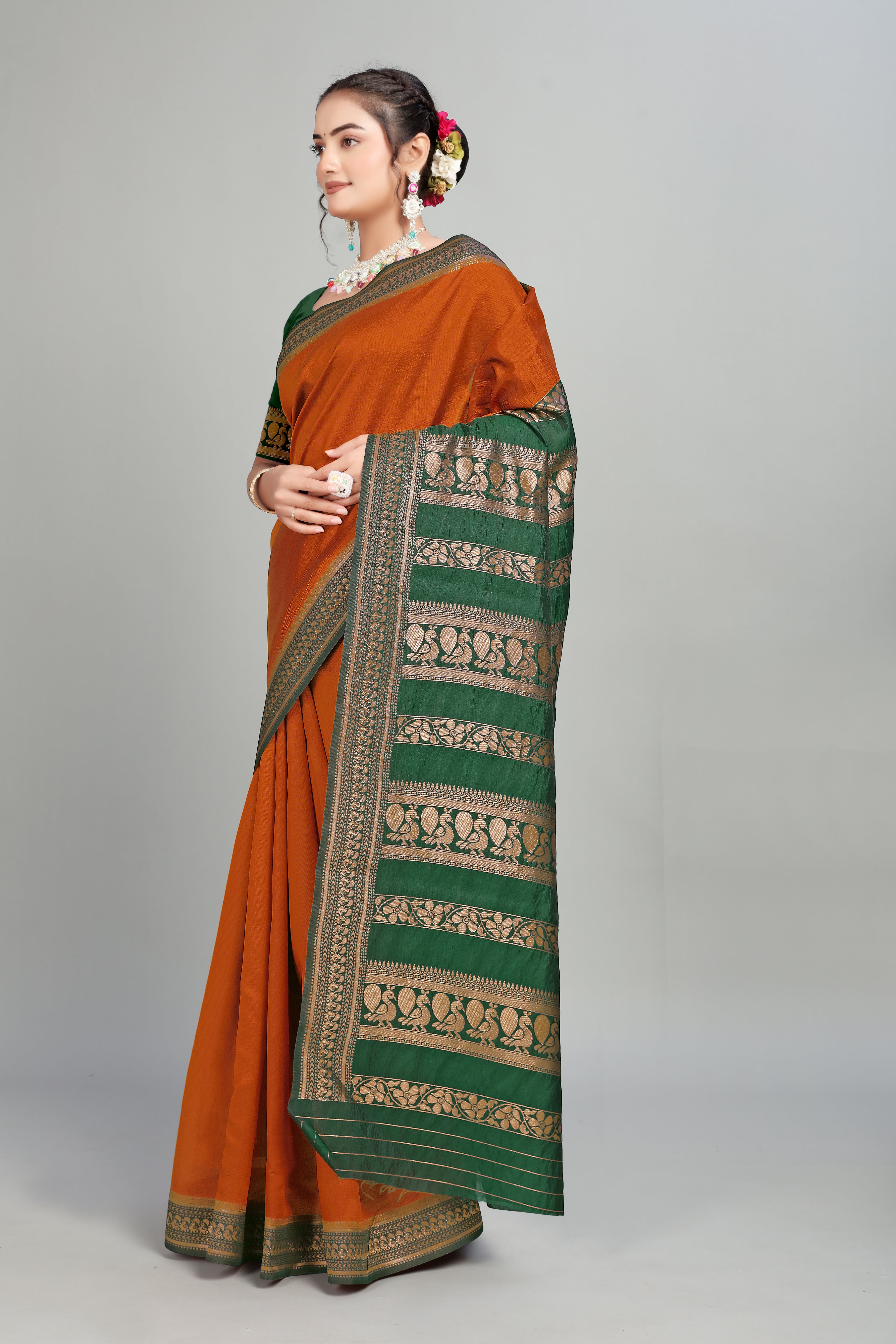 Orange Solid Woven Silk Saree
