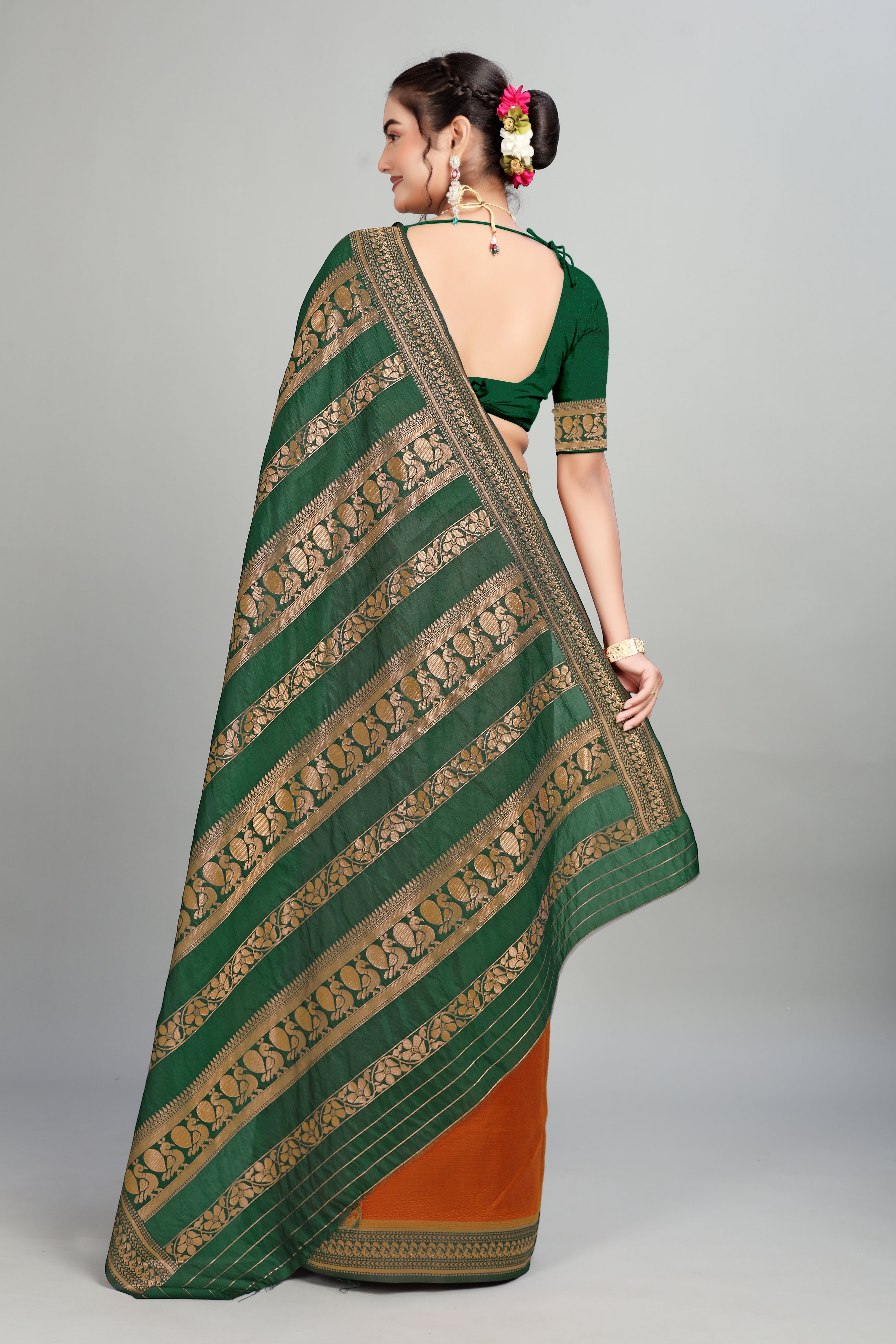 Orange Solid Woven Silk Saree