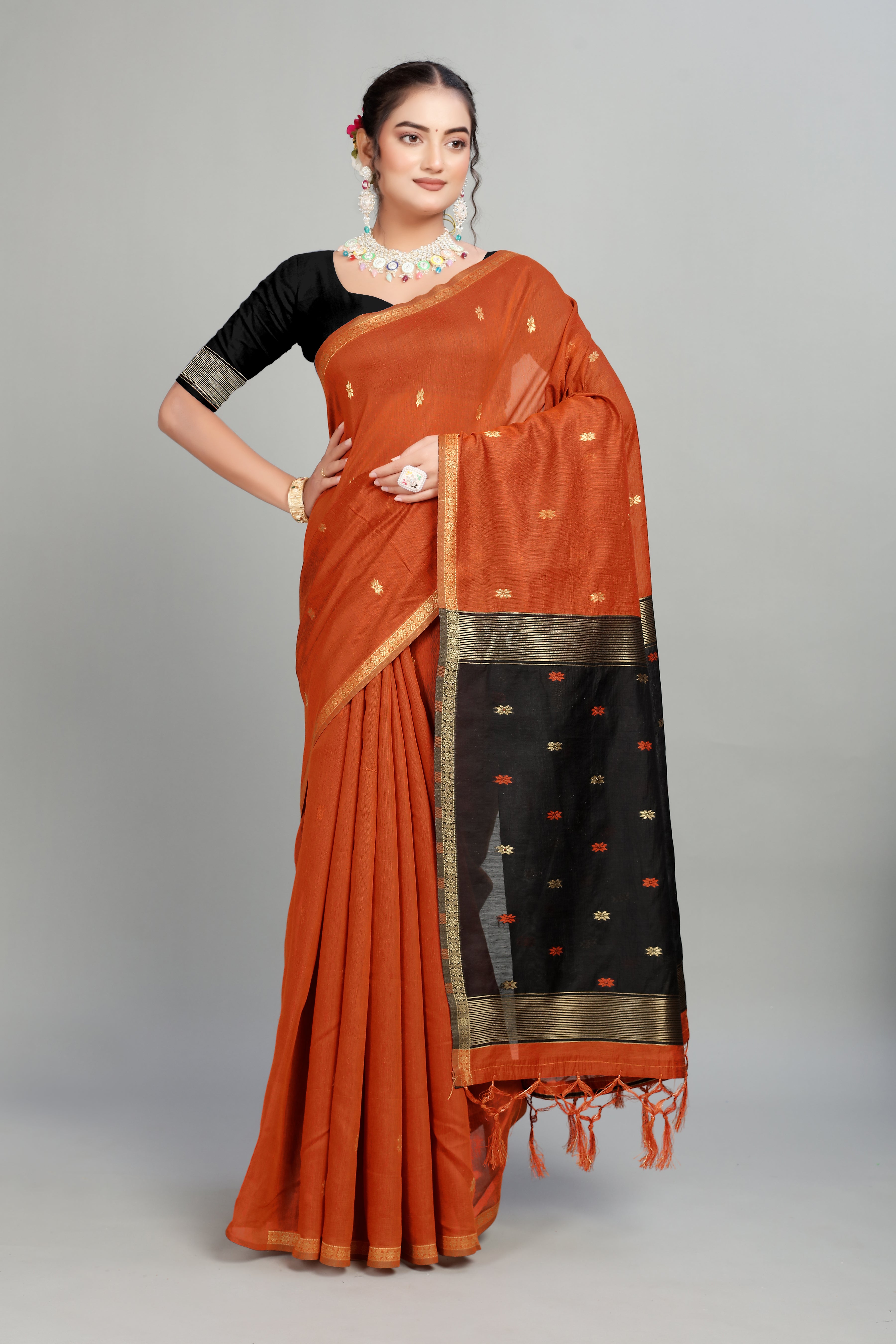 Orange Toned Weaving Cotton Silk Saree