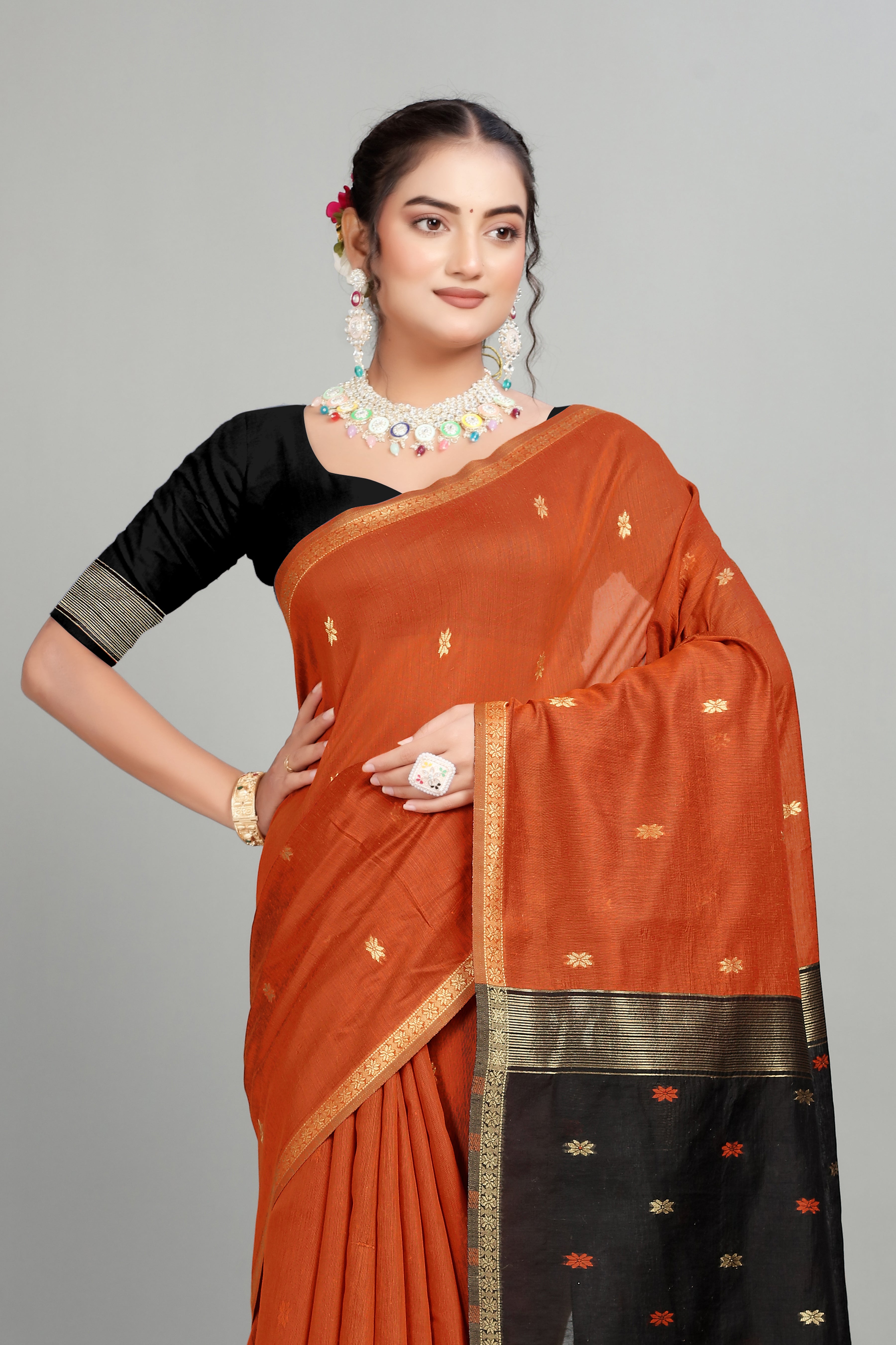 Orange Toned Weaving Cotton Silk Saree